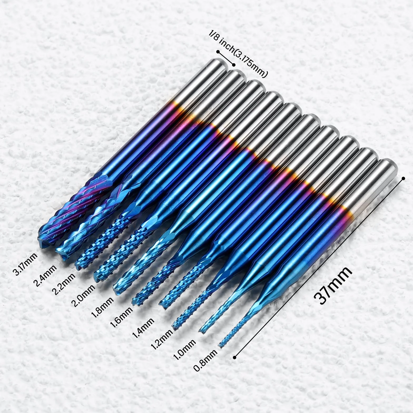 SainSmart Genmitsu 10 szt. frezów trzpieniowych Nano Blue Coat, frezy CNC, 0,8-3 mm, trzpień 1/8"