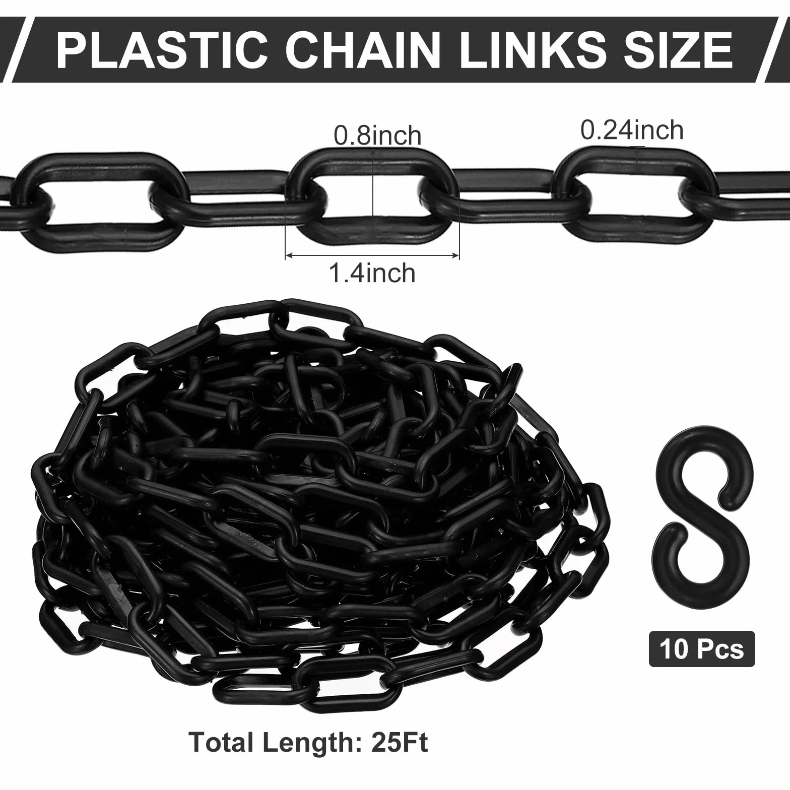 PATIKIL Plastikowy łańcuch, 50 m łańcuch barierowy bezpieczeństwa do kontroli ludzi, 1/4 cala (6 mm) czarne połączenia łańcuchowe z tworzywa sztucznego do kolejek, parkingów, ogrodzeń