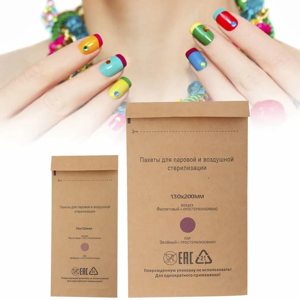 Brrnoo Torby do sterylizacji przyborów do manicure i zdobienia paznokci - 100 szt. Jednorazowych torebek (130 x 200 mm) - Torebka na żel do paznokci Sprzęt do czyszczenia torebek