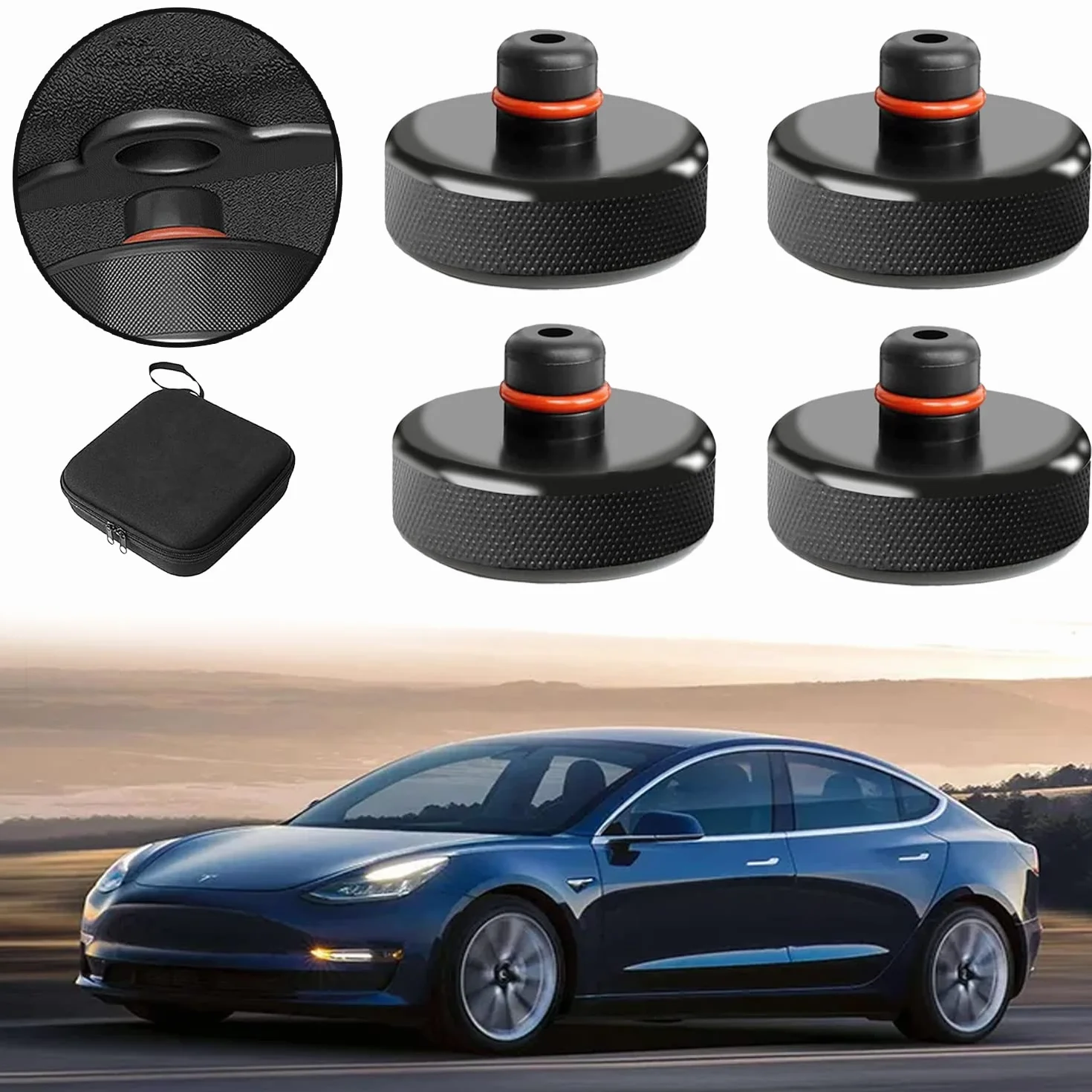 Bowfar 4 sztuki gumowych nakładek na podnośnik samochodowy do Tesla Model 3/Y/X/S Jack Pad, akcesoria z pudełkiem do przechowywania, chroni akumulator Tesla i obudowę