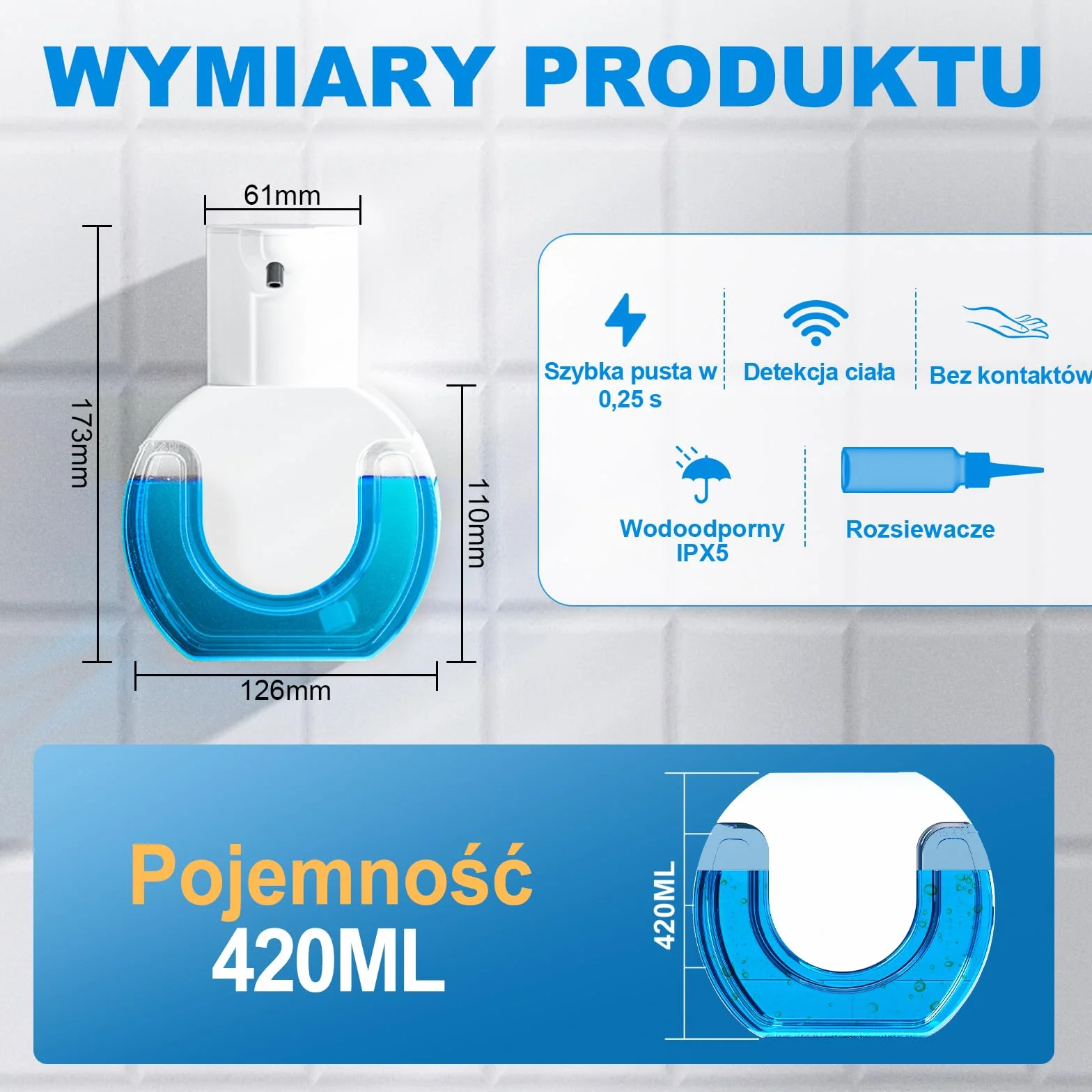 Automatyczny spieniający dozownik mydła 420 ml, piankowy środek do dezynfekcji rąk, bezdotykowy uchwyt ścienny z 4 poziomami, regulowany, bezdotykowy, elektryczny dozownik mydła, ładowany z czujnikiem