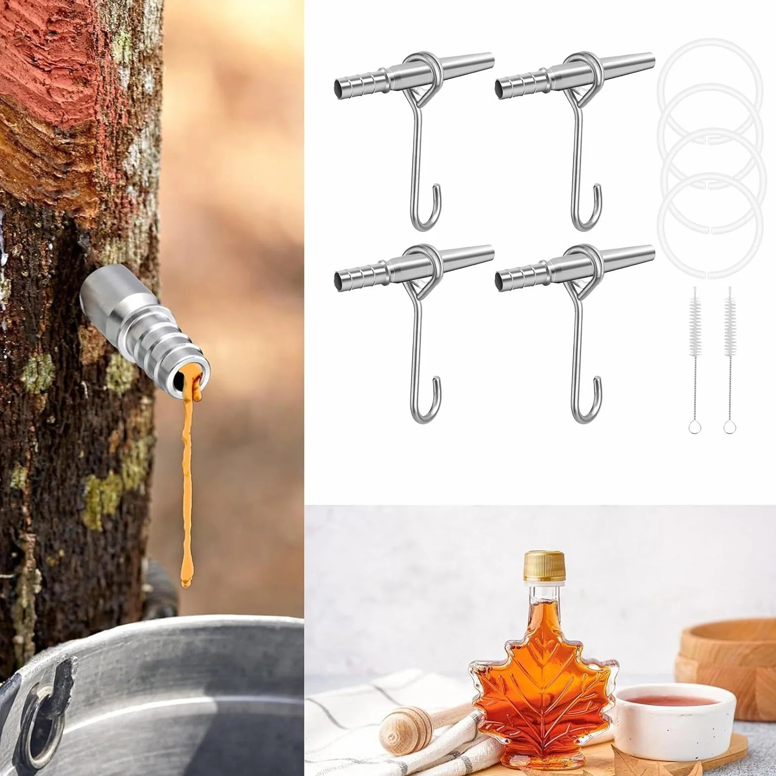 Sap Tapping Kit 4 Set Portable Trunk Faucet 100cm Stainless Steel Tapping Spouts Maple Trees Tap Spiles Tree Sap Collection Drill Bits Cleaning Brushes