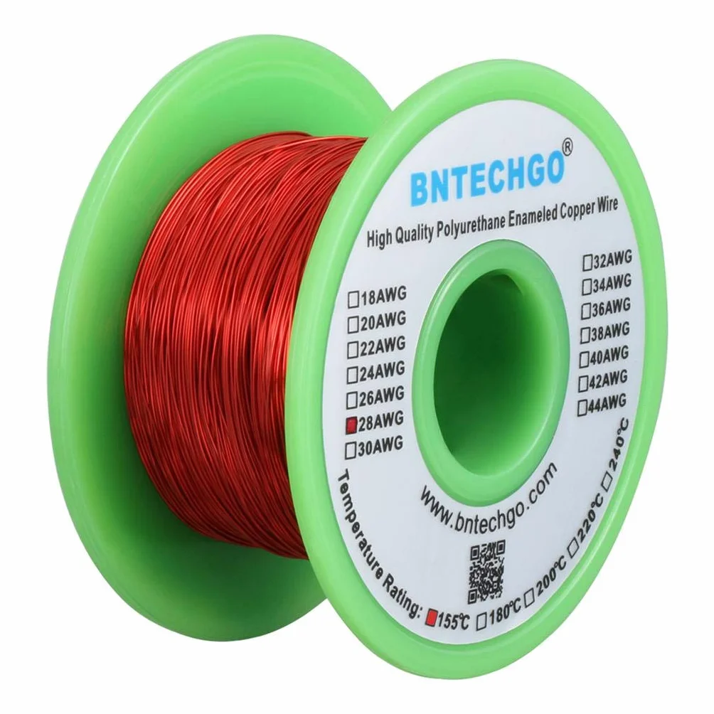 BNTECHGO Drut magnetyczny 28 AWG – emaliowany drut miedziany – emaliowany drut nawijający magnes – 113 g – 0 cm średnica 1 cewka szpula czerwona temperatura znamionowa 155℃ szeroko stosowany do