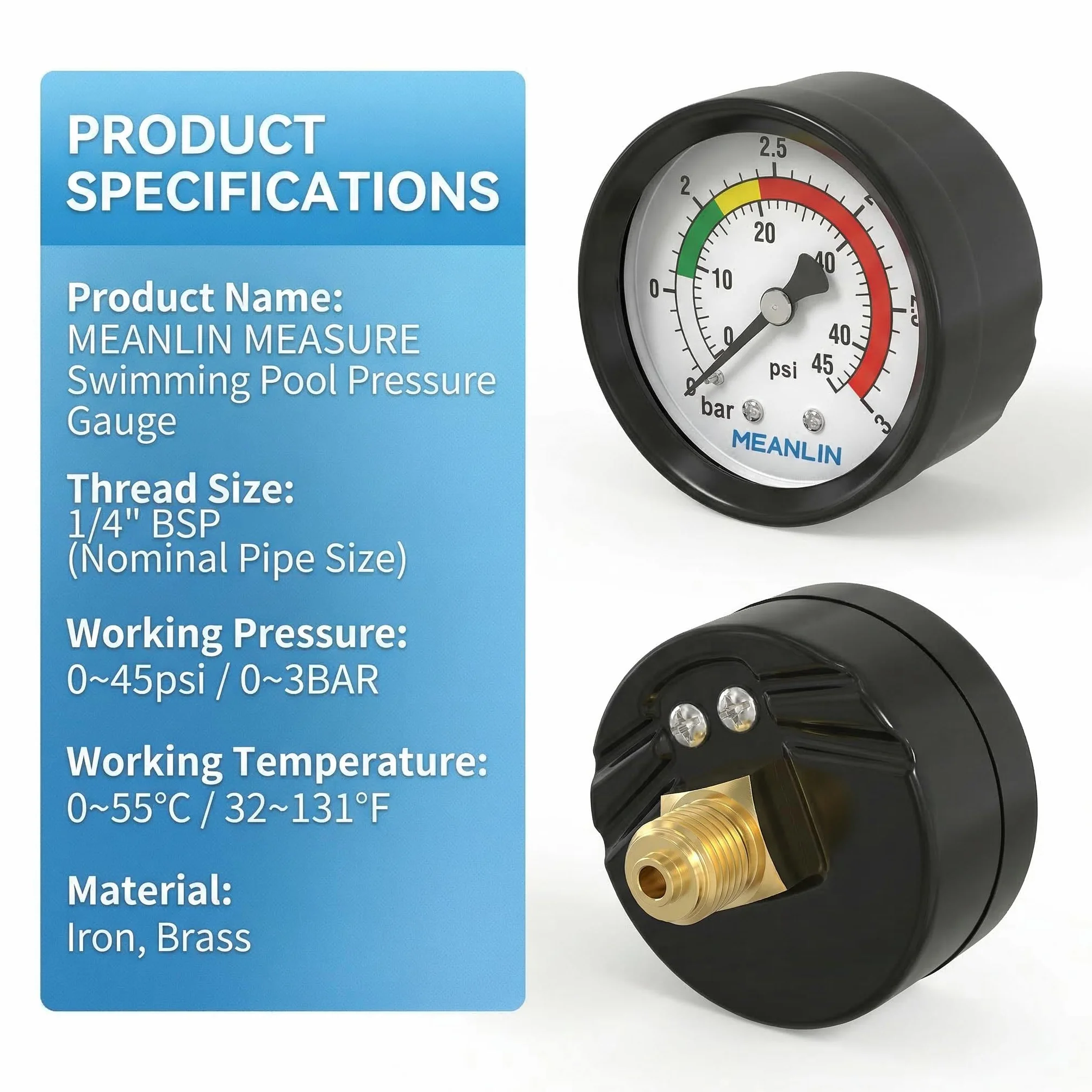 MEANLIN MEASURE 0~3Bar/0~40Psi manometr basenowy, 1/4"BSP 2" FACE DIAL do basenów, spa, stawów wędkarskich, z 1/2" BSP i 3/8" BSP, montaż tylny