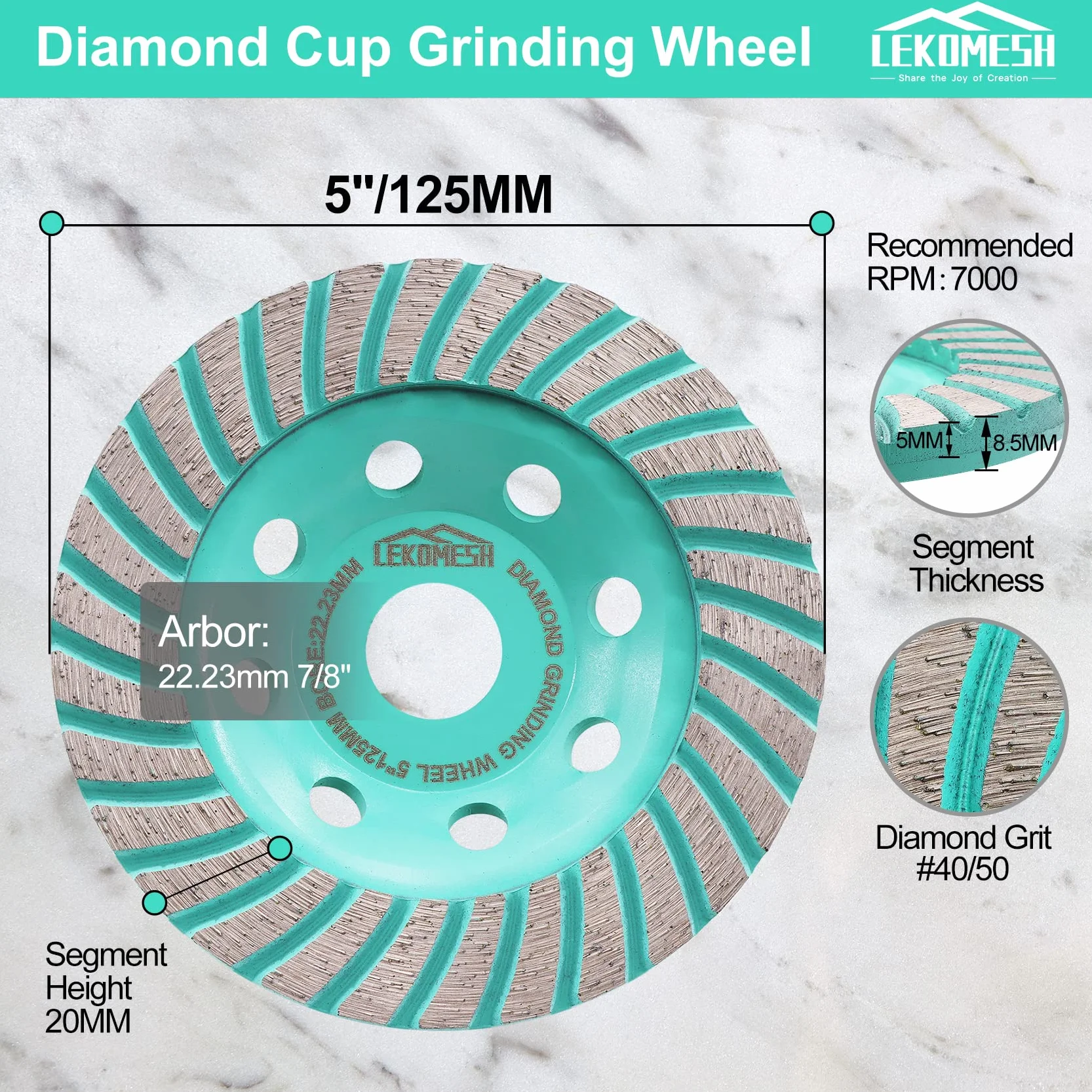 Diamentowa tarcza szlifierska - 5"/125 mm turbo rzędowa szlifierka kątowa tarcza do cięcia, szlifowania, wygładzania, kształtowania betonu, marmuru, granitu, muru, cegły 7/8" altanka