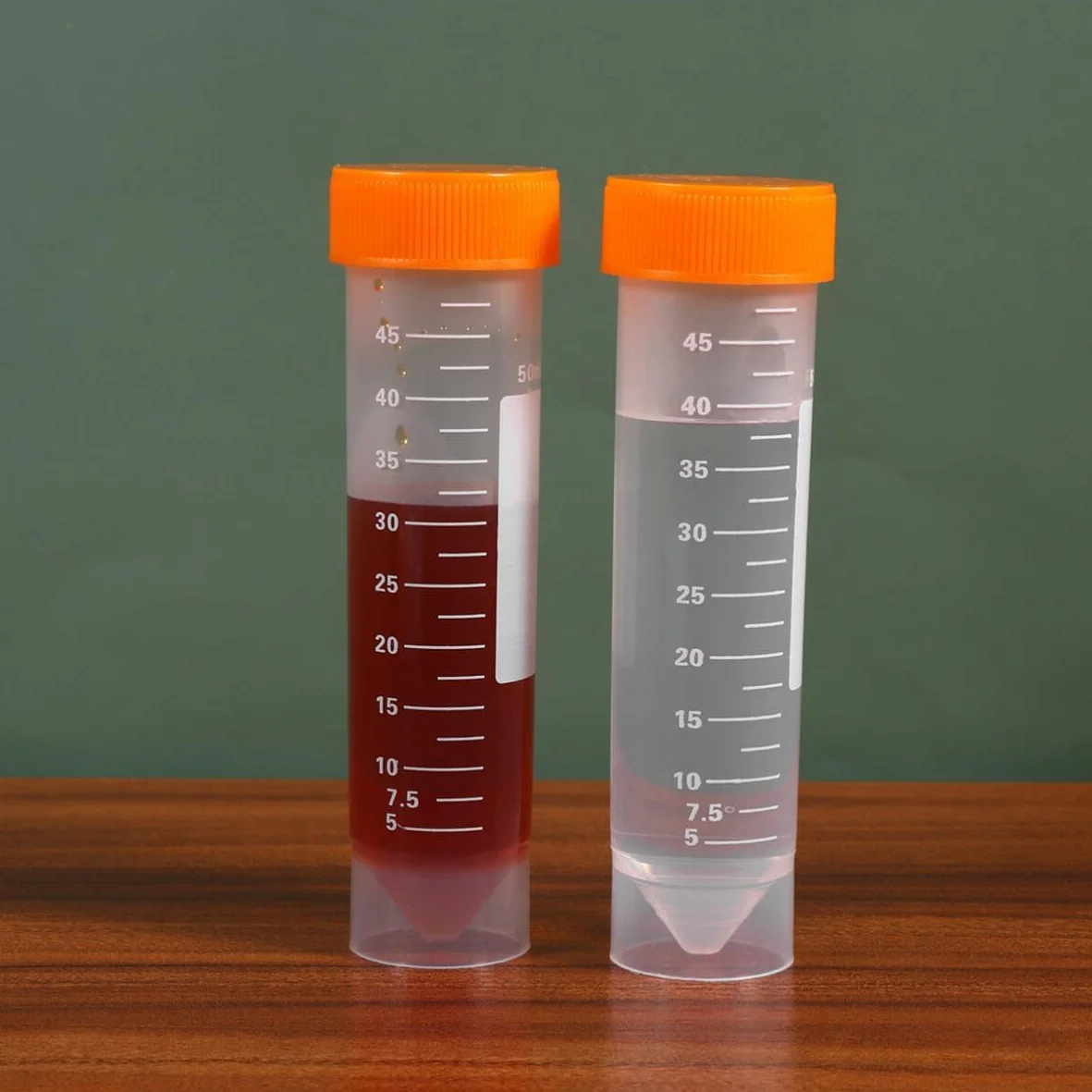 HUAZIZ 40 sztuk 50 ml pomarańczowe probówki z tworzywa sztucznego do eksperymentów laboratoryjnych i chemicznych (stożkowe + płaskie dno)