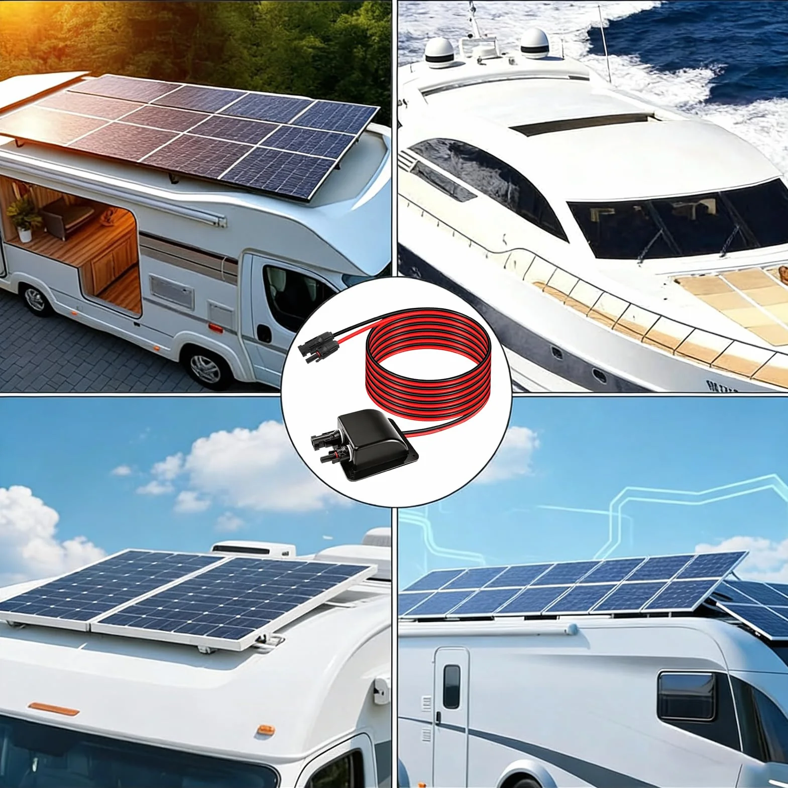 Przepust dachowy na kabel solarny, wodoszczelny, podwójny przepust kablowy z kablem solarnym 2 m, moduły solarne, złącza kablowe, przepust dachowy do kamperów fotowoltaicznych, kamperów
