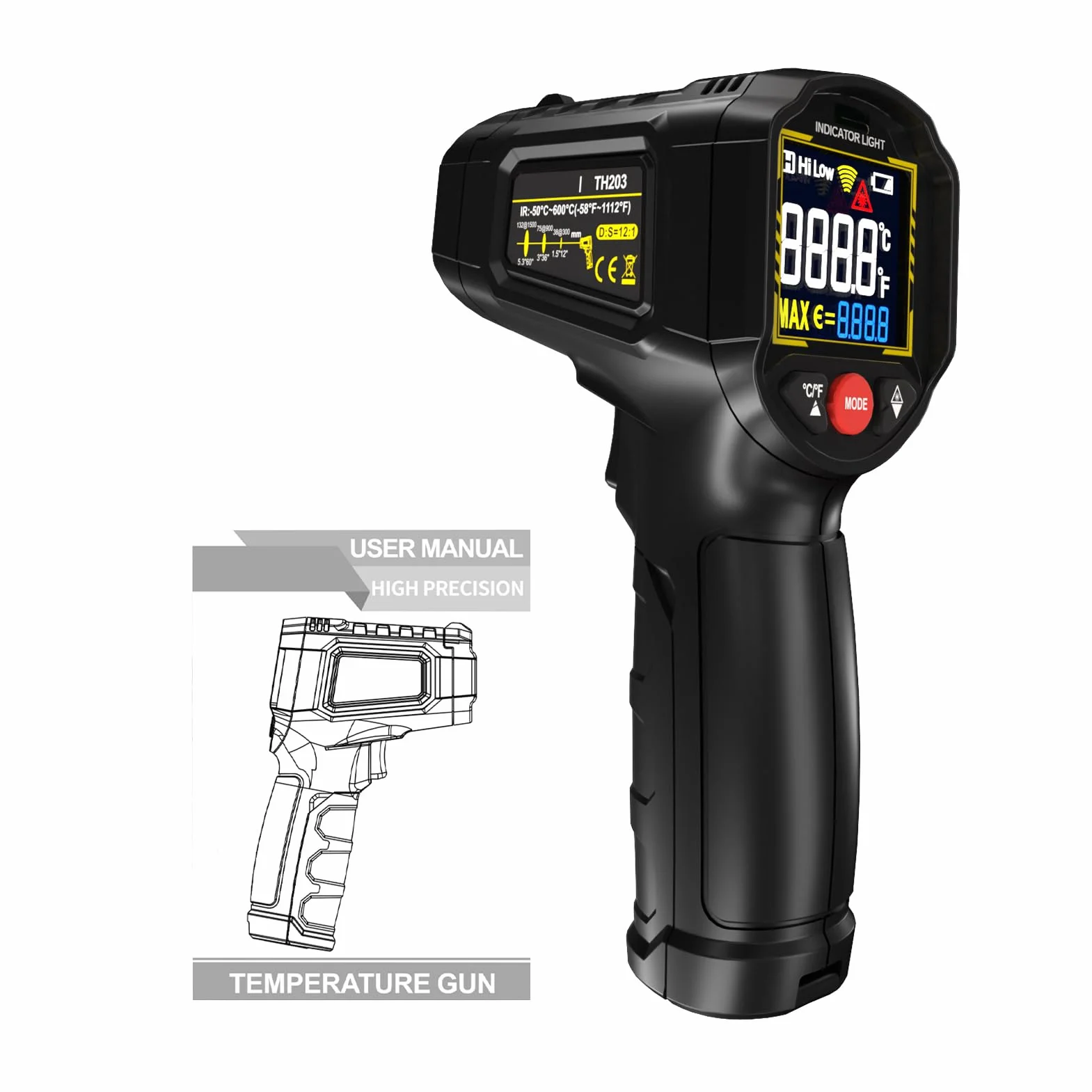 Fabater Bezdotykowy Pistolet do Pomiaru Temperatury, Regulowana emisyjność, Termometr na podczerwień (BLACK)