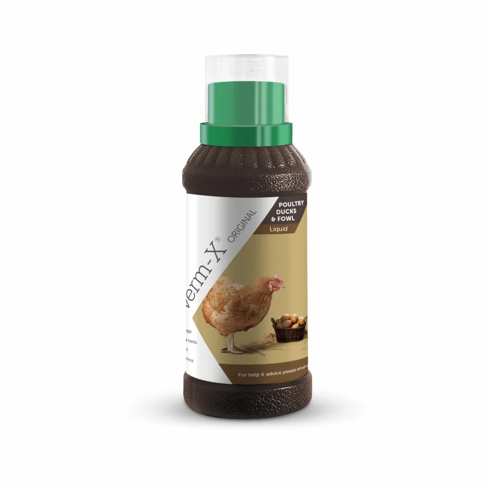 Verm-X Płynny dla drobiu, 500 ml. Zamiast chemicznych kuracji dla kur, gęsi, kaczek, itd. Naturalna kontrola wewnętrznych pasożytów o sprawdzonej recepturze Verm-X.