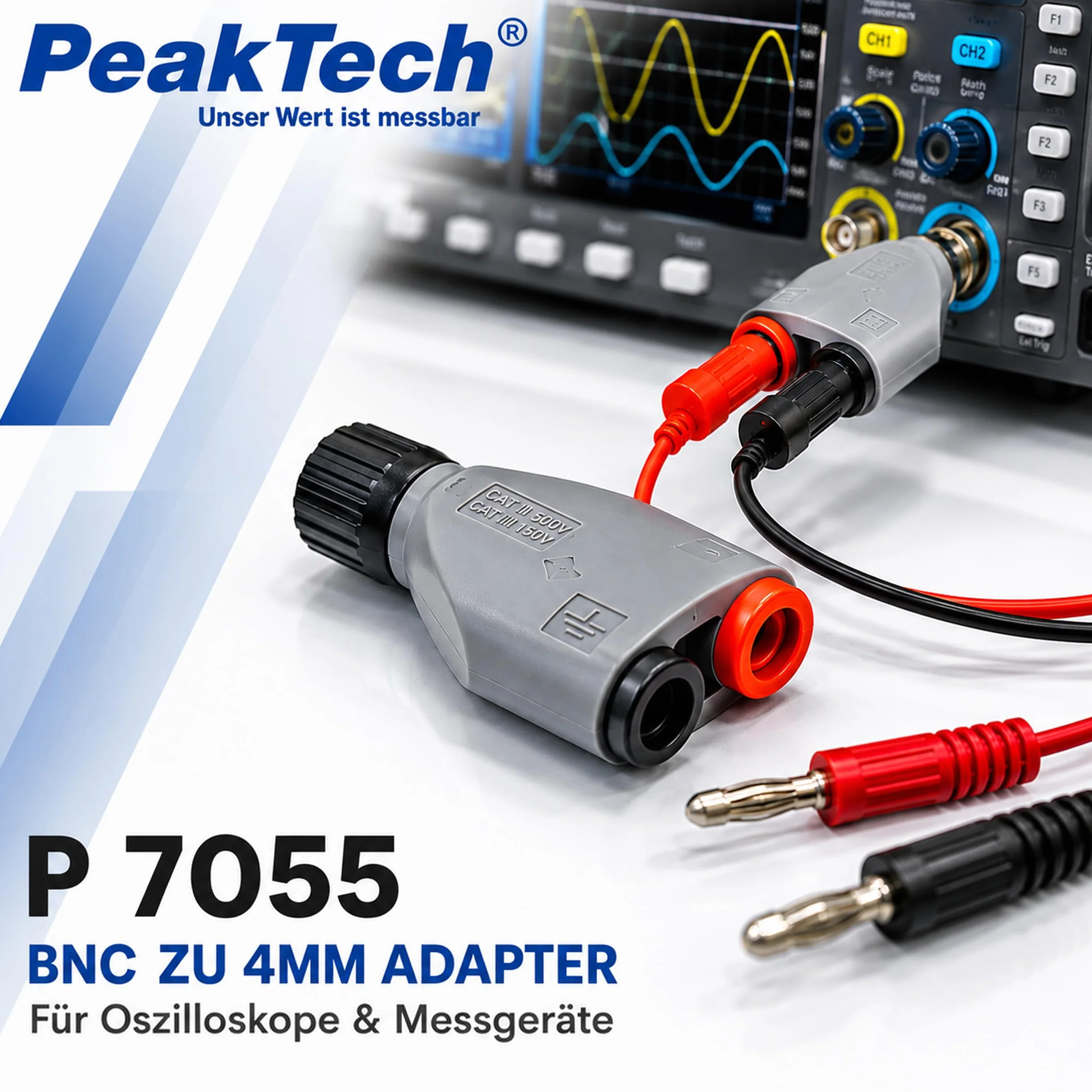 PeakTech P 7055 BNC adapter wtyczka bananowa gniazda akcesoria do oscyloskopu 4 mm izolowany