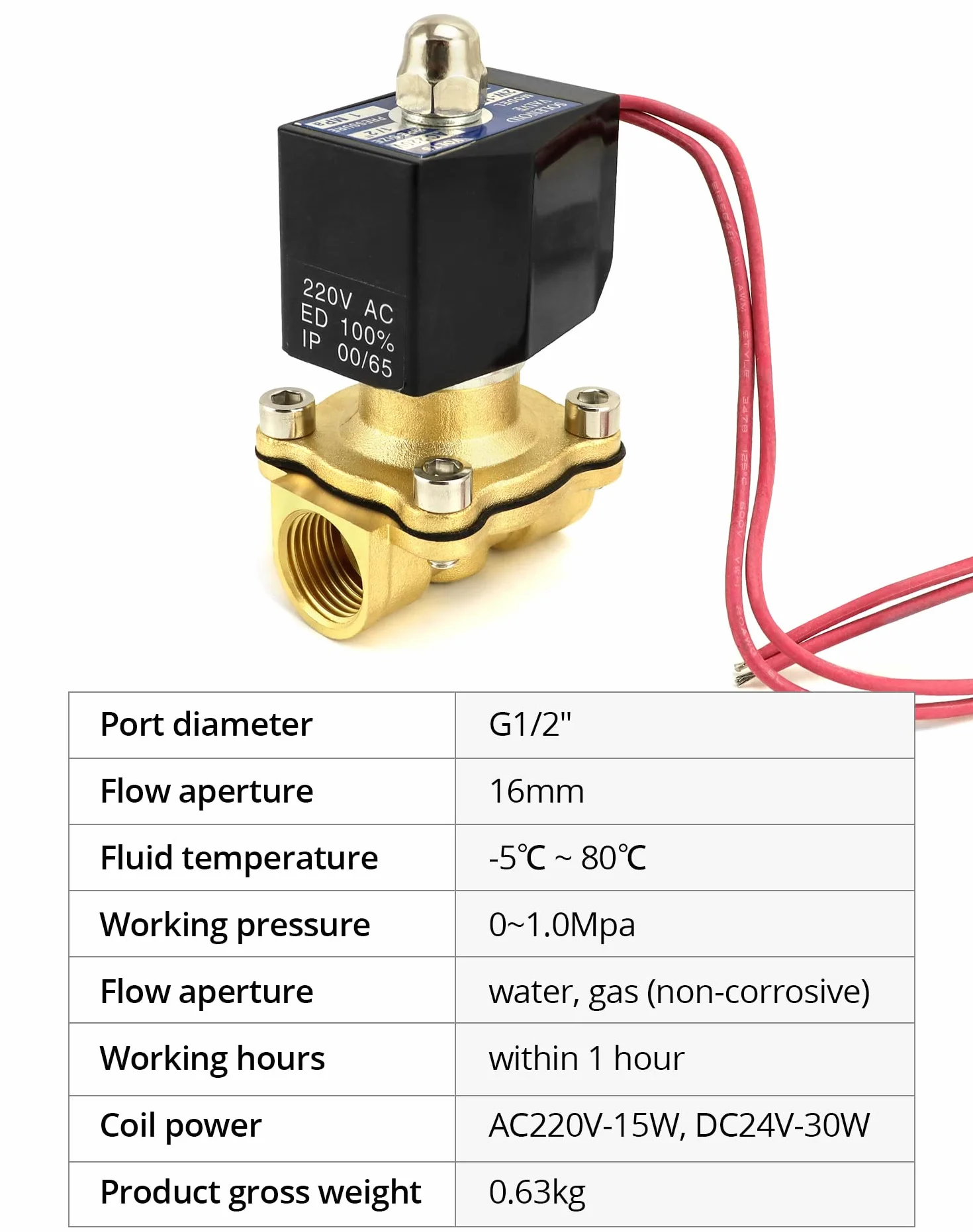QWORK® Elektrozawór 220V 1/2''G mosiężny na wodę powietrze olej gazowy DN15