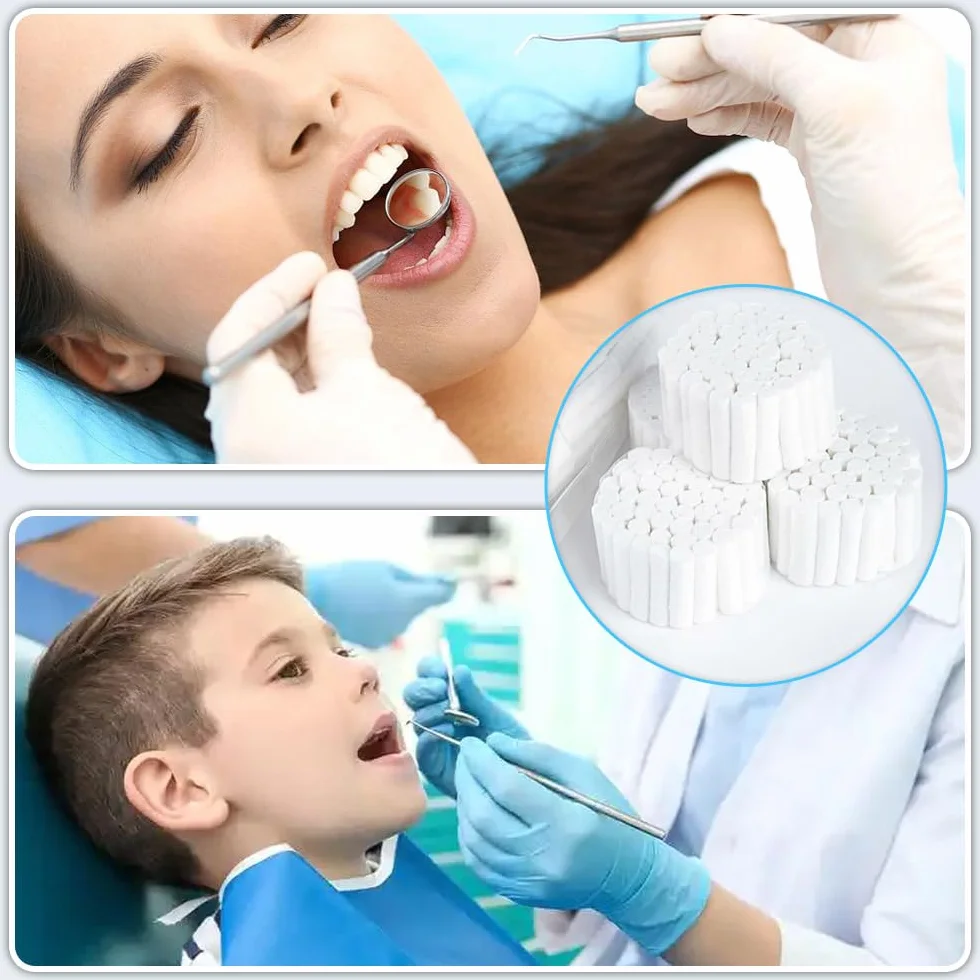 Wałki do zębów 200 szt. bawełnianych wałków dentystycznych o wysokiej chłonności, waciki bawełniane, 100% bawełna, wata opatrunkowa, białe