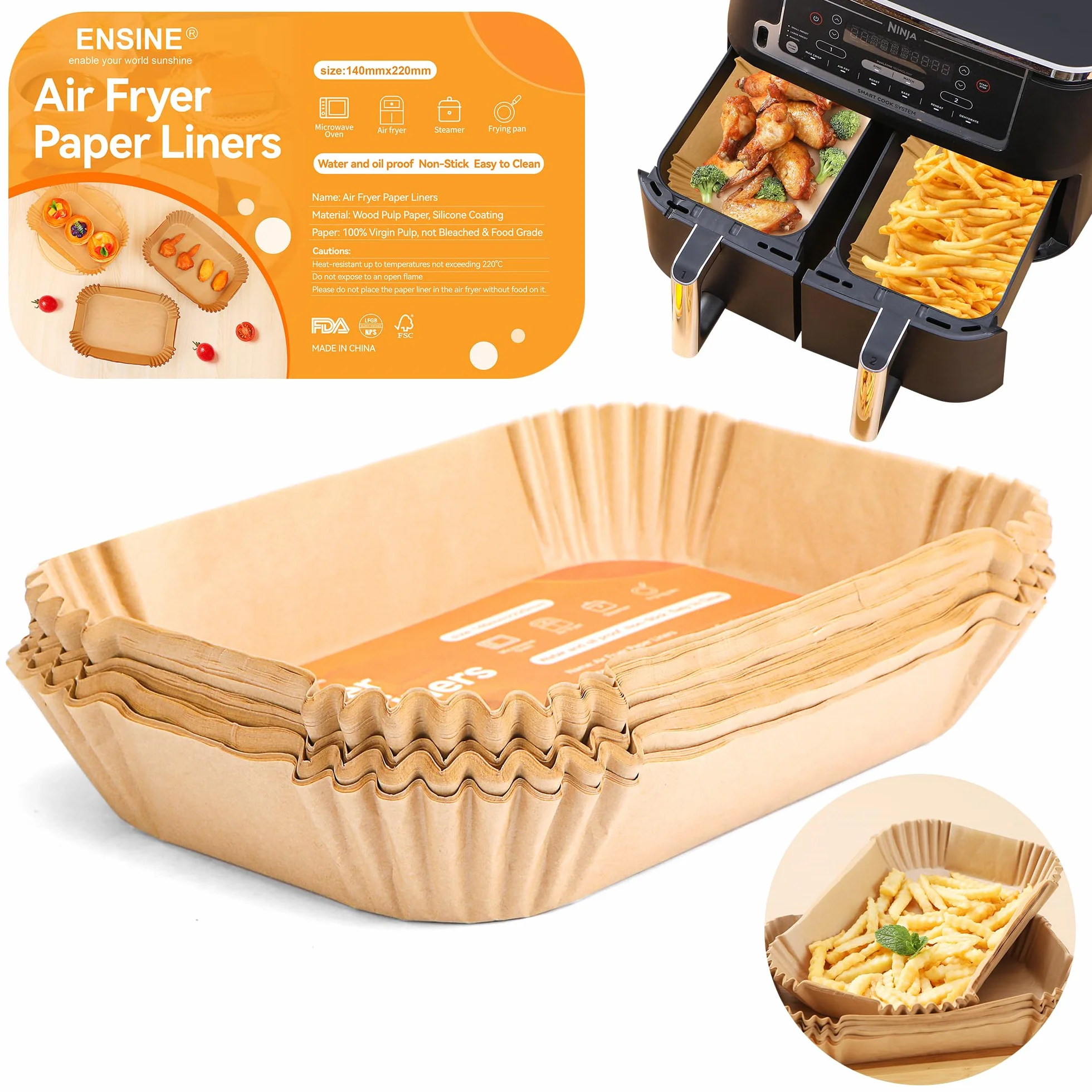 ENSINE Jednorazowe wkładki do frytownicy powietrznej, wkładki do papieru pergaminowego do Ninja AF300UK AF400UK AF451UK, LFGB, FDA i FSC, papier do pieczenia Ninja, Tower, Salter i innych