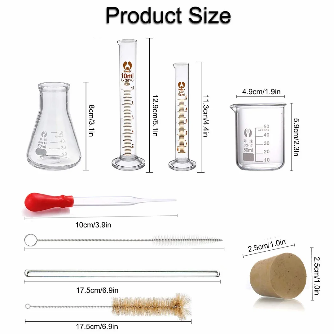 Szklane fiolki Erlenmeyer, JESSTOLO 50 ml, szklana butelka stożkowa, 50 ml szklana zlewka, 10 ml/5 ml cylinder z podziałką, 2 szczotki do czyszczenia, 3 szklane probówki i 2 szklane mieszadła