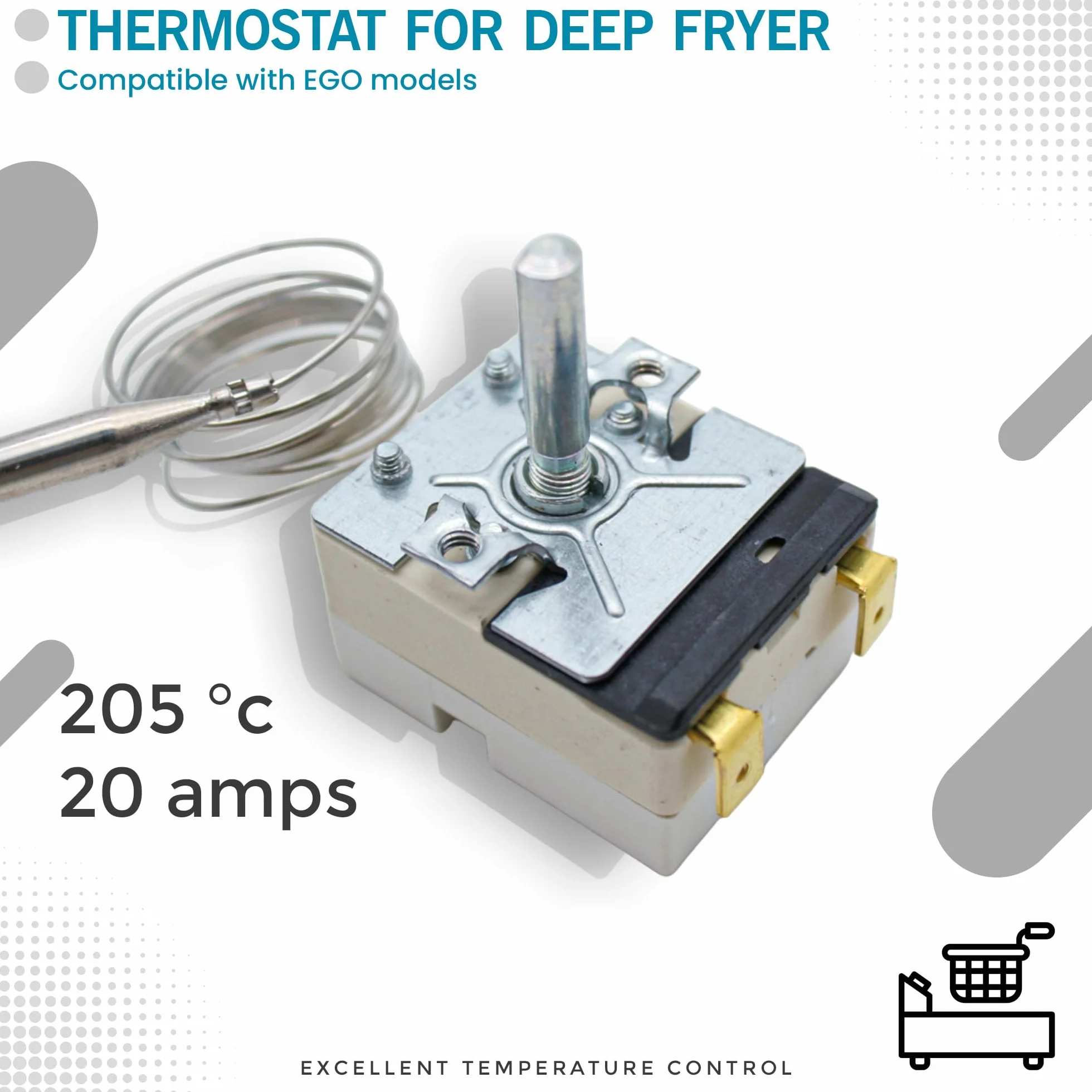 DOJA Barcelona | Termostat do frytownicy | Termostat elektryczny termiczny | Kompatybilny z EGO | 205°C | 20 Amperów | Regulator temperatury | Regulator | Wskaźnik temperatury oleju