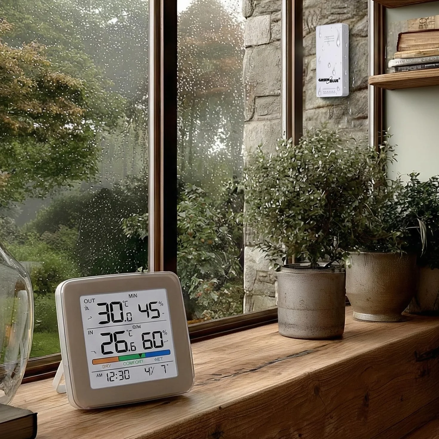 GreenBlue GB169 bezprzewodowa stacja pogodowa z czujnikiem zewnętrznym: temperatura wewnątrz i na zewnątrz, wilgotność powietrza, budzik, alarm, wskaźnik komfortu, wyświetlacz LCD, zasięg 60 m