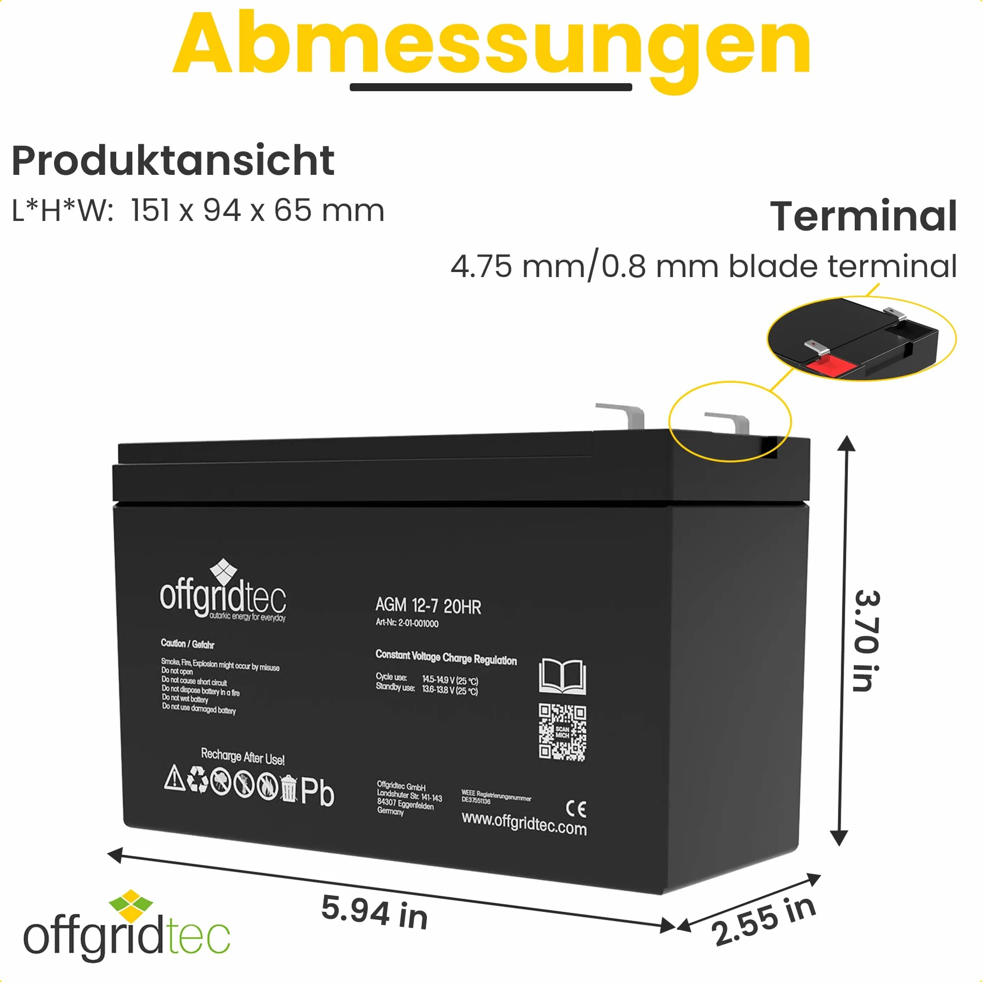 Offgridtec® Akumulator ołowiowy AGM 7 Ah 12 V, odporny na cykle UV, zamiennik akumulatora VRLA
