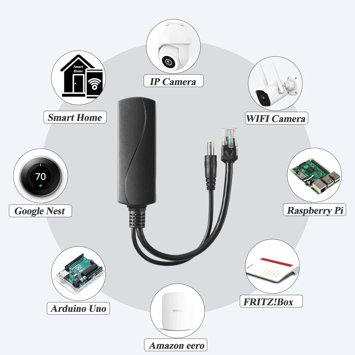 Rozdzielacz PoE Gigabit 36 W 12 V/3 A, DC 5,5 x 2,1 mm wtyczka PoE do DC 12 V/3 A, Gigabit Ethernet odpowiada IEEE802.3ft, Plug and Play (PS5712BG)