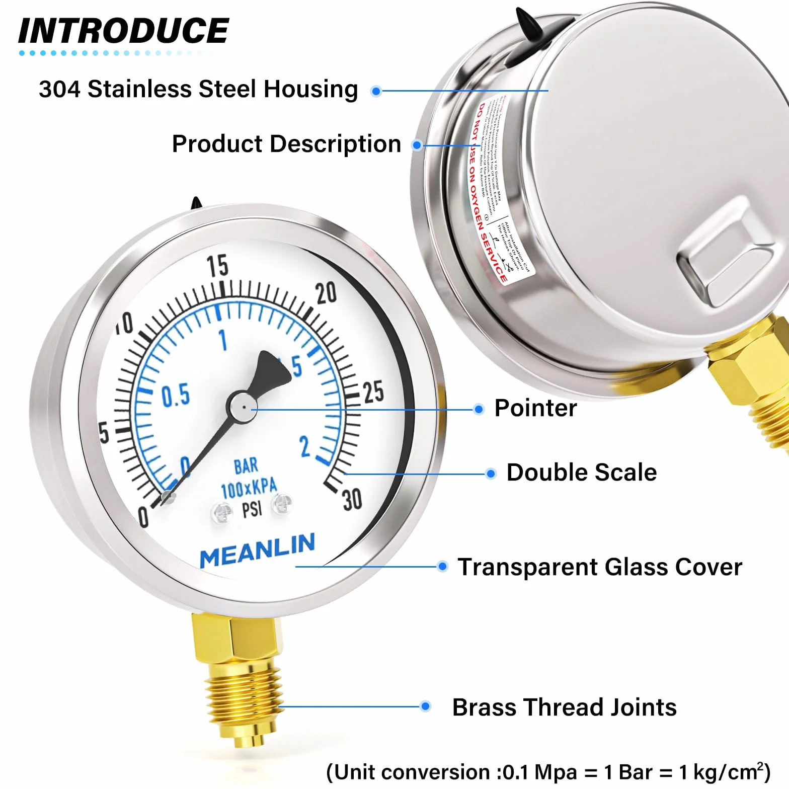 MEANLIN MEASURE 0 ~ 2 bar/0~30 psi, suchy manometr, stal nierdzewna, 1/4" BSP 2" FACE DIAL wodoszczelny do fontanny, wody, opon, tester ciśnienia wody, dolny uchwyt, z 1/2" BSP i gniazdem