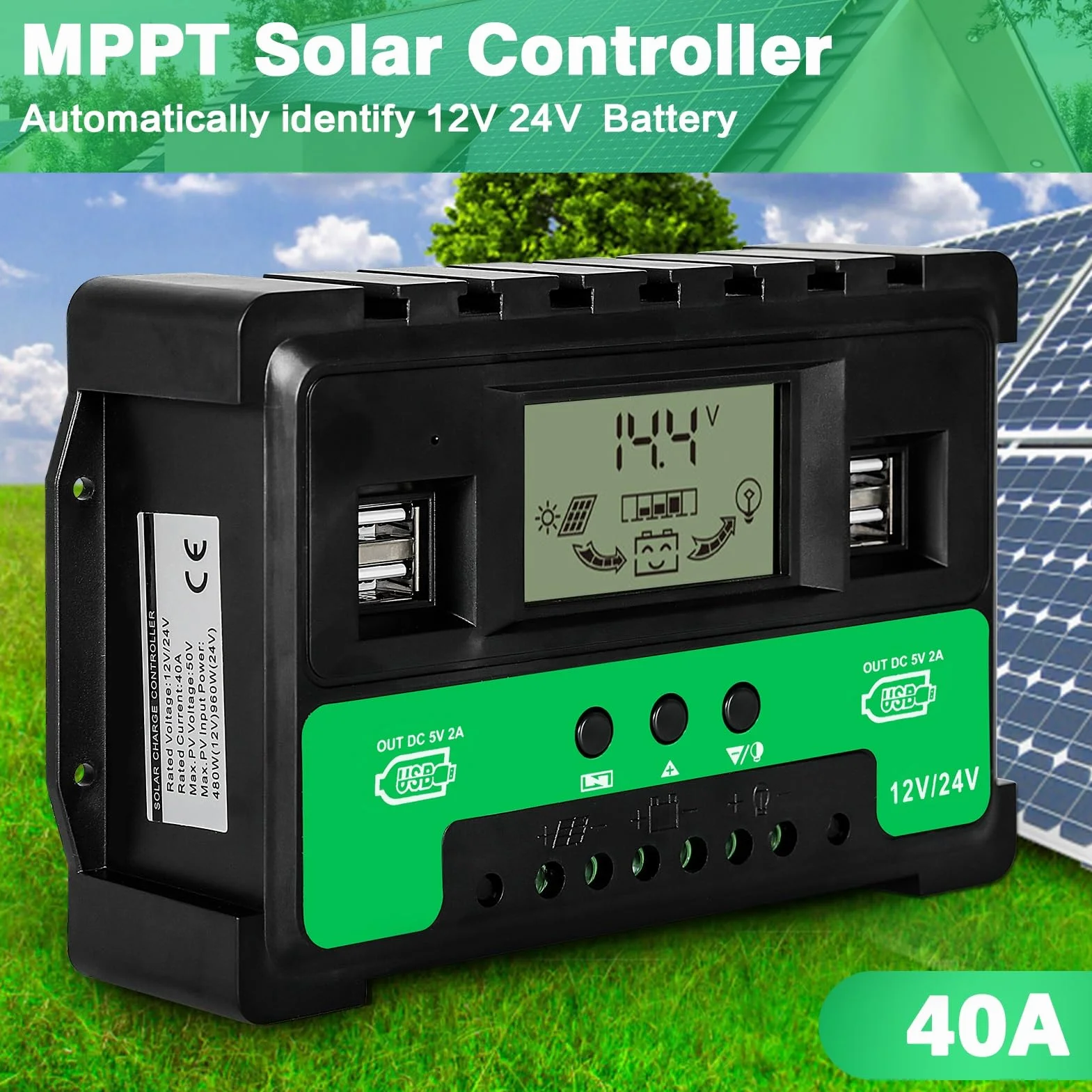 DEWIN Sterownik solarny, MPPT, regulator ładowania solarnego, 4 porty USB, 12 V, 24 V, regulator ładowarki akumulatora do akumulatora kwasowo-ołowiowego (40 A)