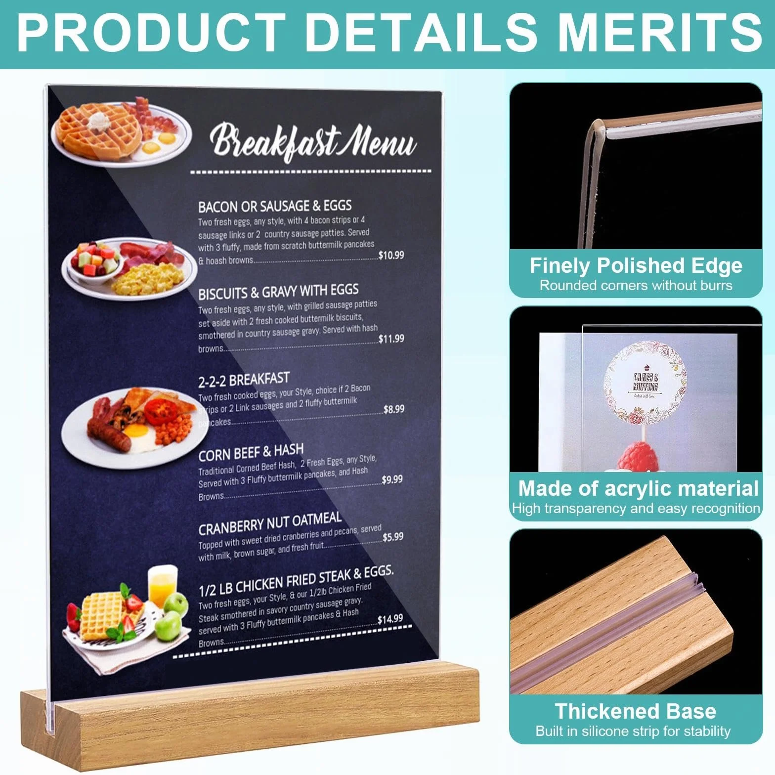 Akrylowy stojak na menu A5 z drewnianą nóżką, uchwyt na plakat w kształcie litery T, pionowy (21 x 15 cm)