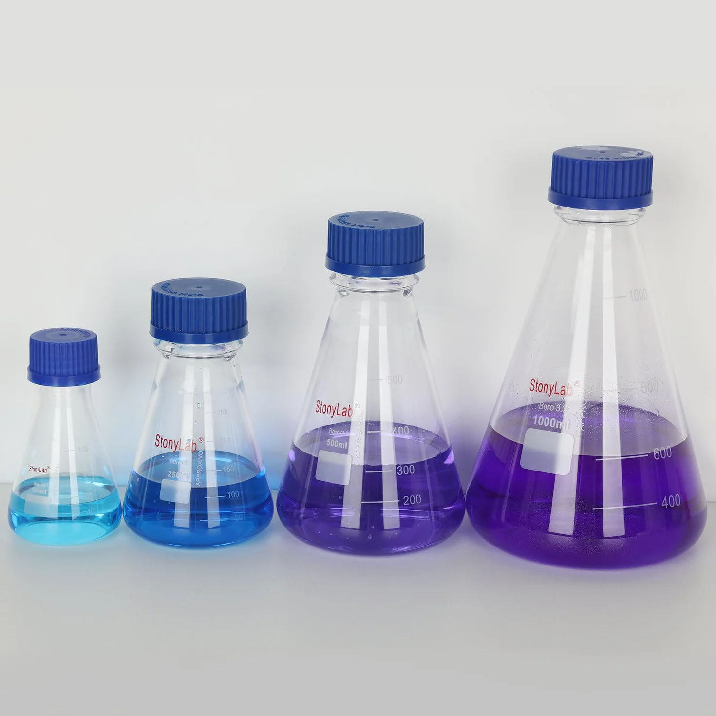 stonylab kolba Erlenmeyer z niebieską zakrętką, fazowana kolba laboratoryjna ze szkła borokrzemowego z podziałką, 500 ml