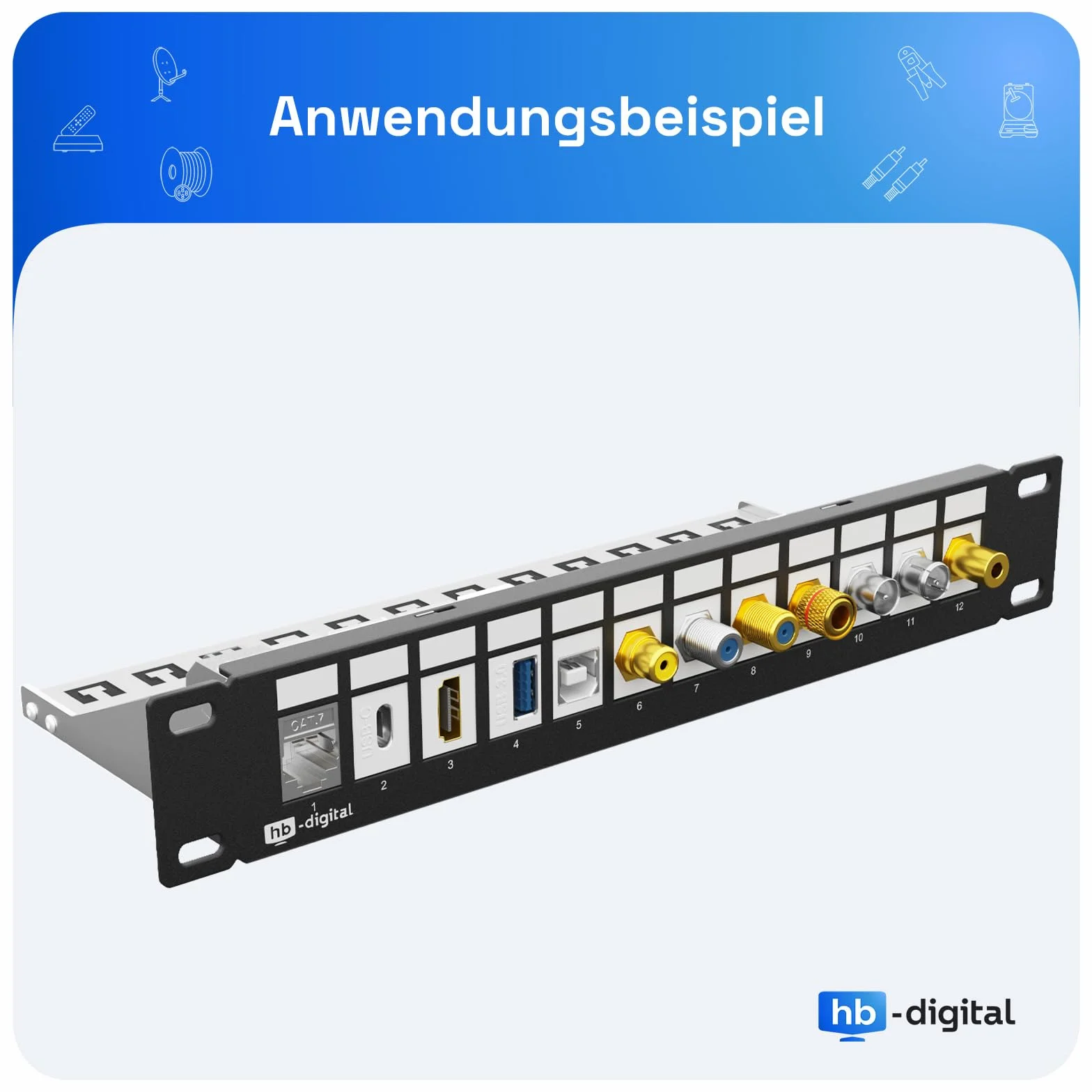 HB-DIGITAL 12-portowy panel krosowy modułowy do modułów Keystone ekranowany czarny 1HE montaż w stelażu TIA568A kabel TIA568B