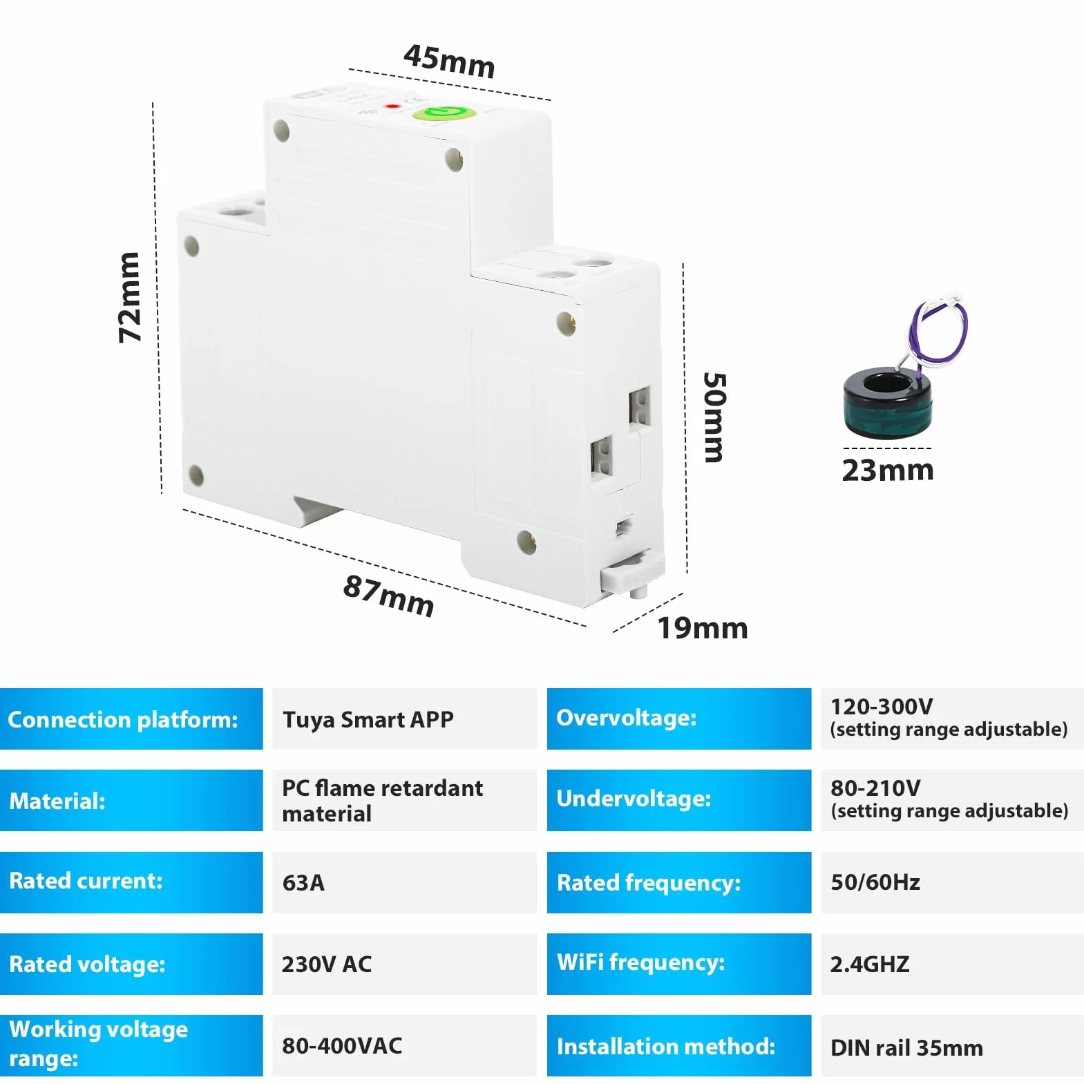 DEWIN Tuya Smart, 1P 63 A 230 VAC przełącznik WiFi inteligentny przełącznik WiFi przekaźnik na szynie DIN zdalne sterowanie za pomocą aplikacji Tuya (1P-JL)