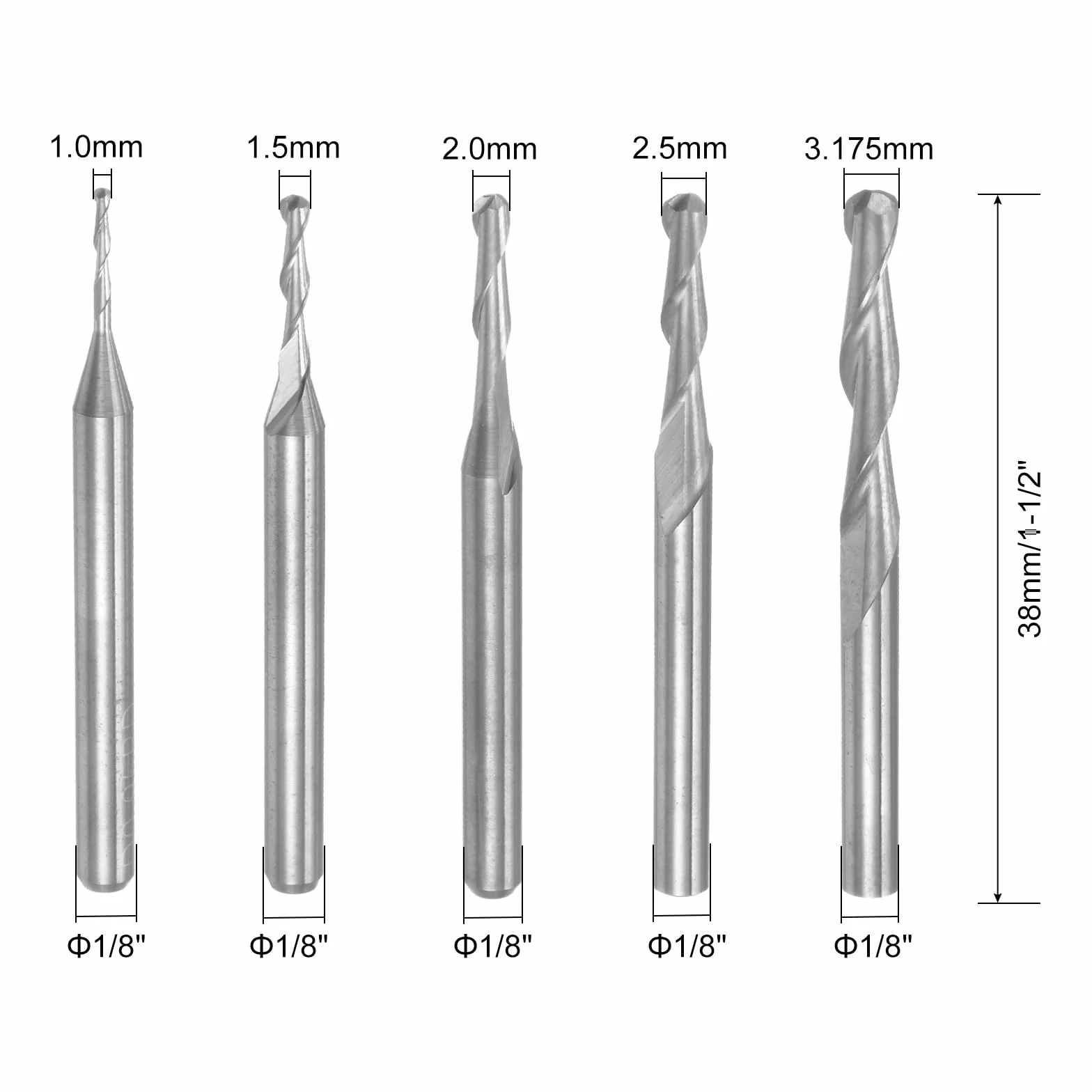 QUARKZMAN 10 szt. Frezy z łbem kulowym CNC Router 1/8" Chwyt 1,0-3,175 mm spiralne rosnące cięcie 2 rowki narzędzia frezarskie frez twardy metal integralny do PCB akryl plastik