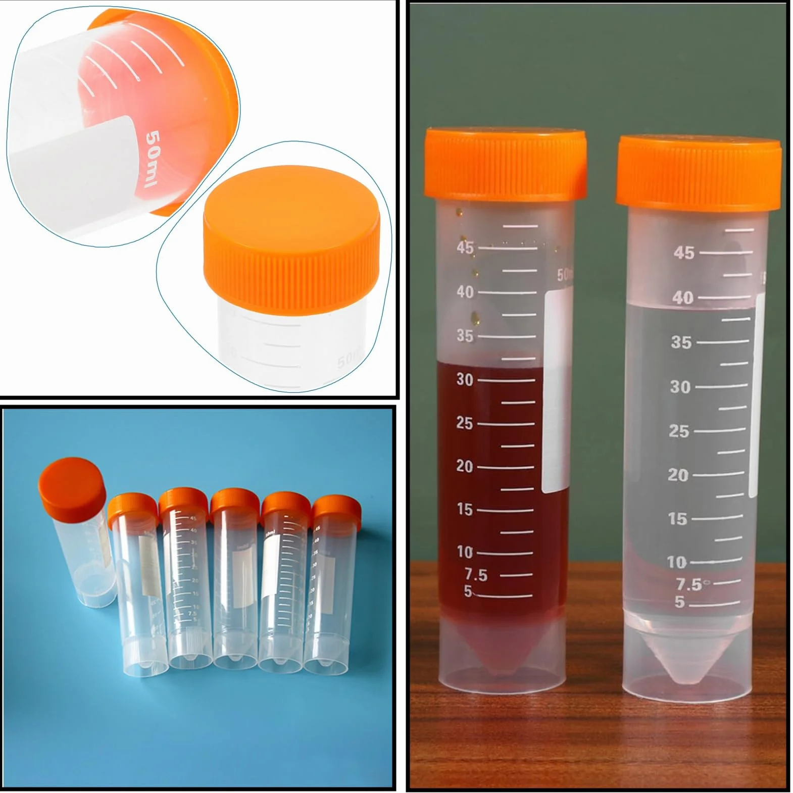 HUAZIZ 40 sztuk 50 ml pomarańczowe probówki z tworzywa sztucznego do eksperymentów laboratoryjnych i chemicznych (stożkowe + płaskie dno)