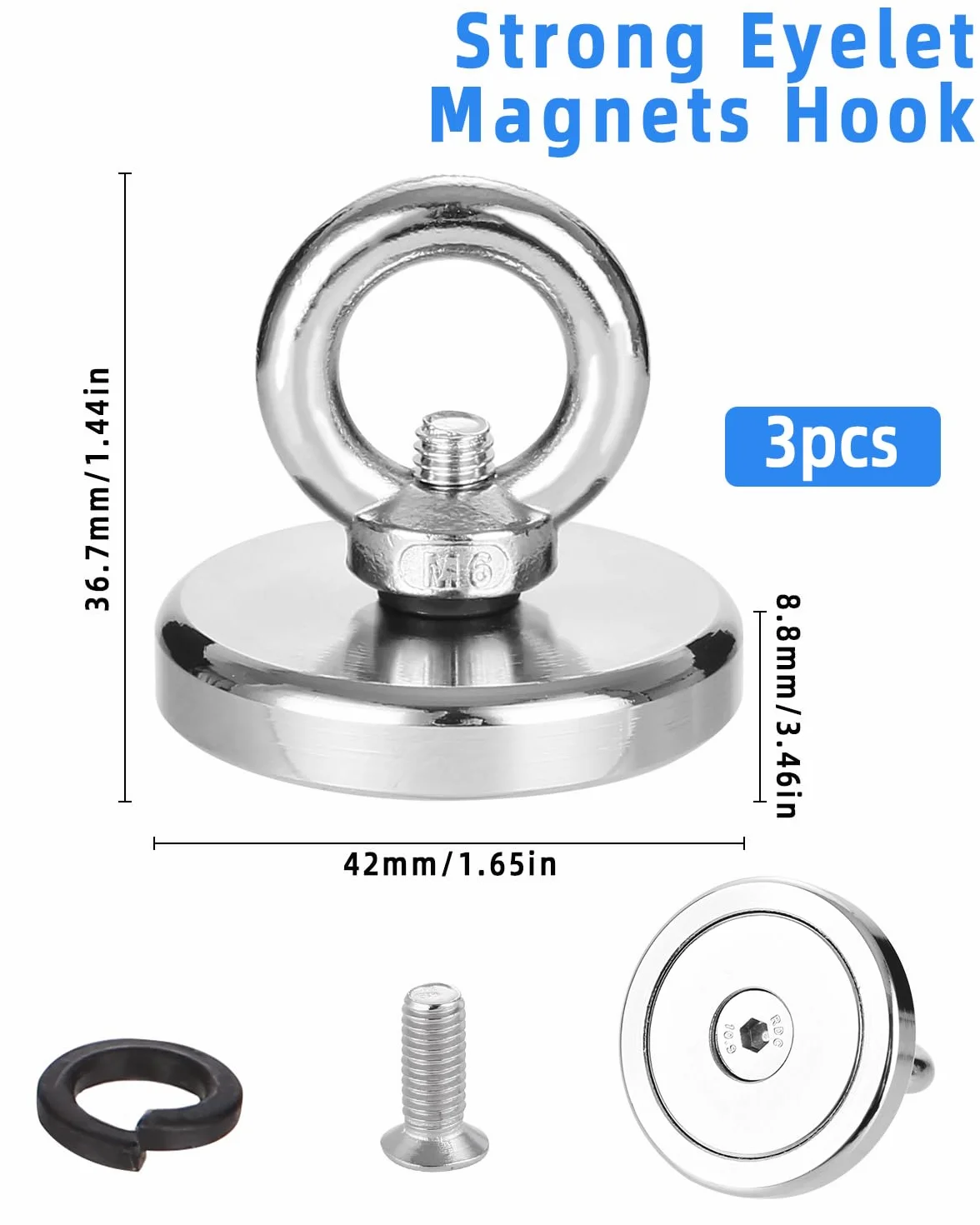 Magnesy wędkarskie 50 kg 42 mm 3 sztuki z oczkiem