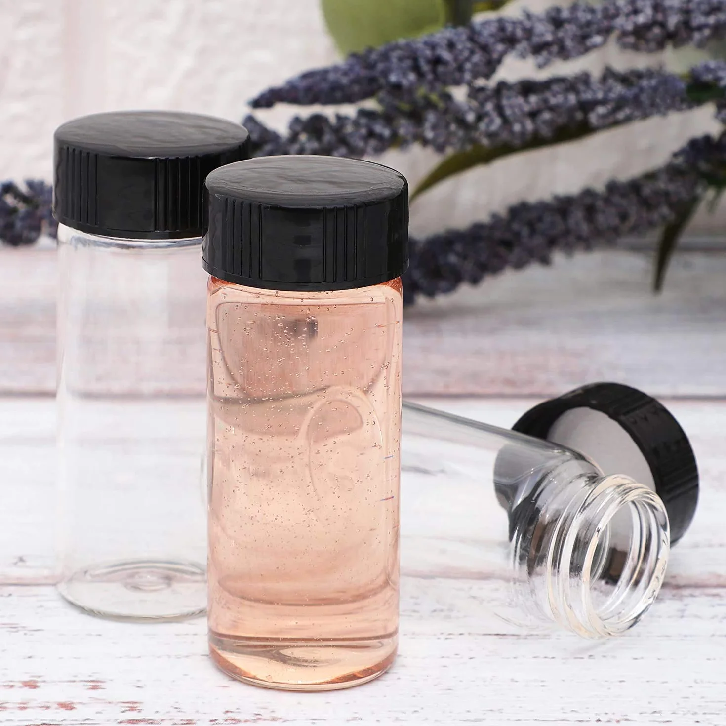 KAHEIGN przezroczyste szklane butelki, 20 ml, 2/3 uncji próbki, szklane butelki z plastikową śrubą, czarna pokrywka, przezroczysty pojemnik laboratoryjny, 20 szt