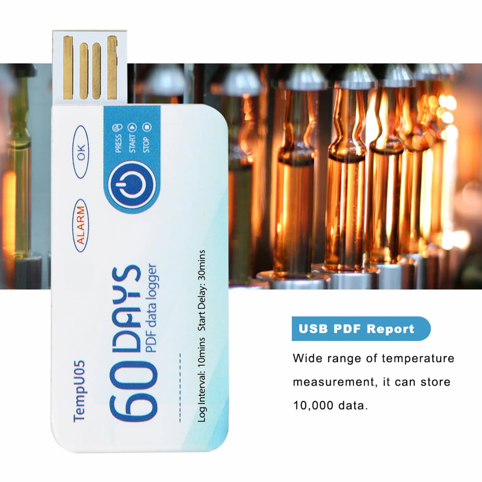 2 szt. Rejestrator Danych Temperatury USB, pojemność Danych 10000 PDF Rejestrator Raportów Plastikowy Jednorazowy Rejestrator Temperatury