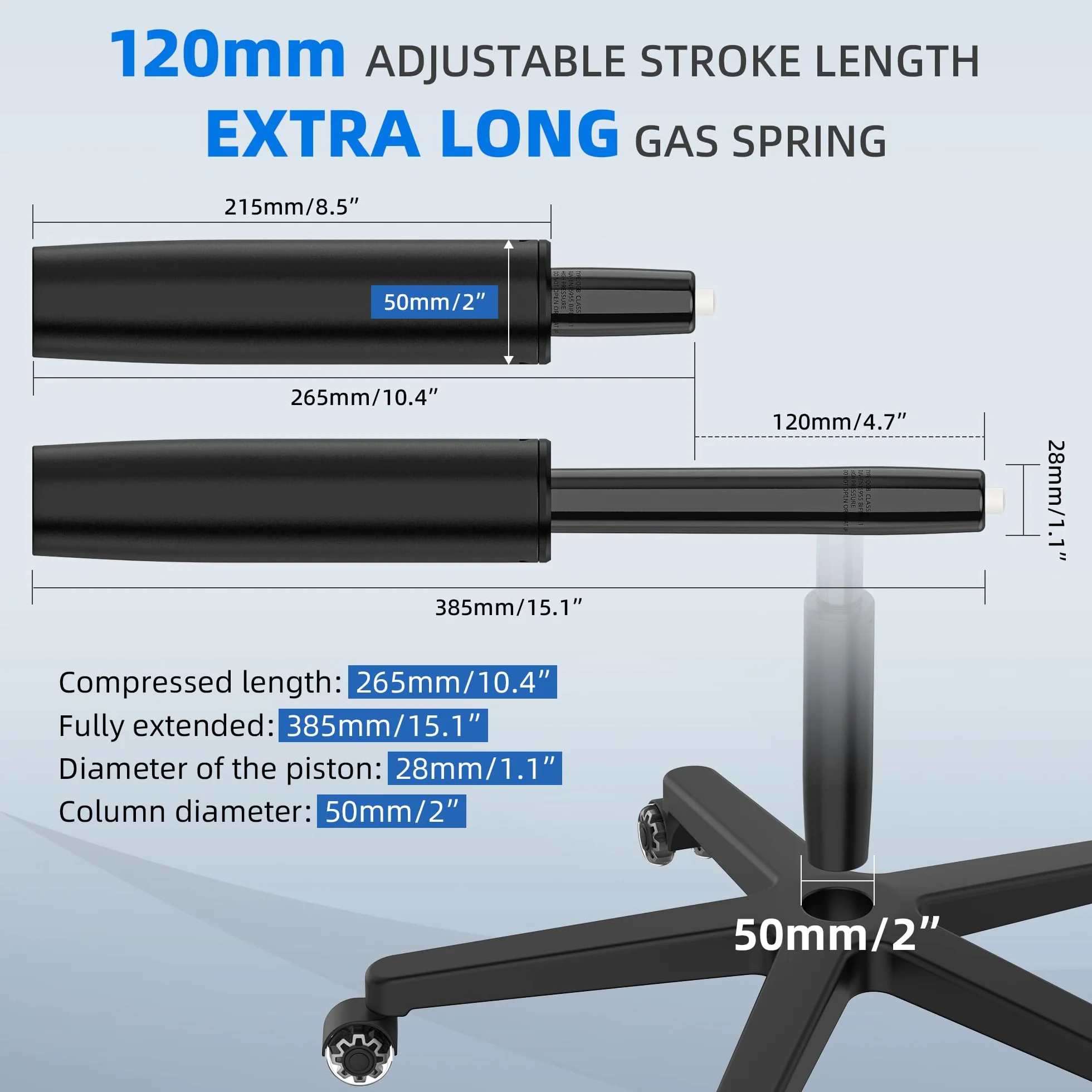 WEWILL Sprężyna gazowa do krzeseł biurowych 500 kg 50 mm 265-385 mm czarna
