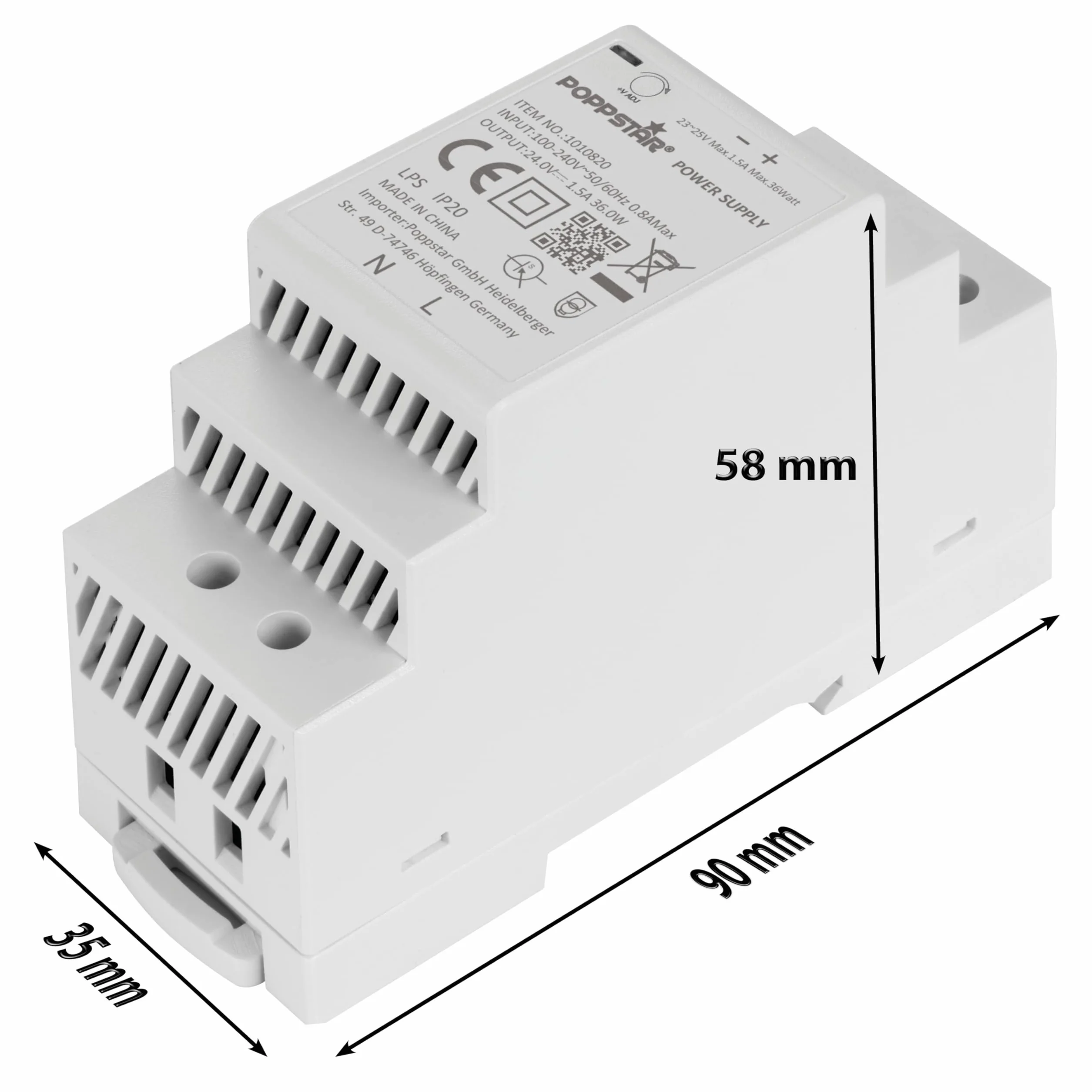 Poppstar zasilacz do szyny montażowej P-30-24- 24V 36W (wejście 100-240 V AC 50/60 Hz, wyjście 24 V DC 1,5 A 36 W)