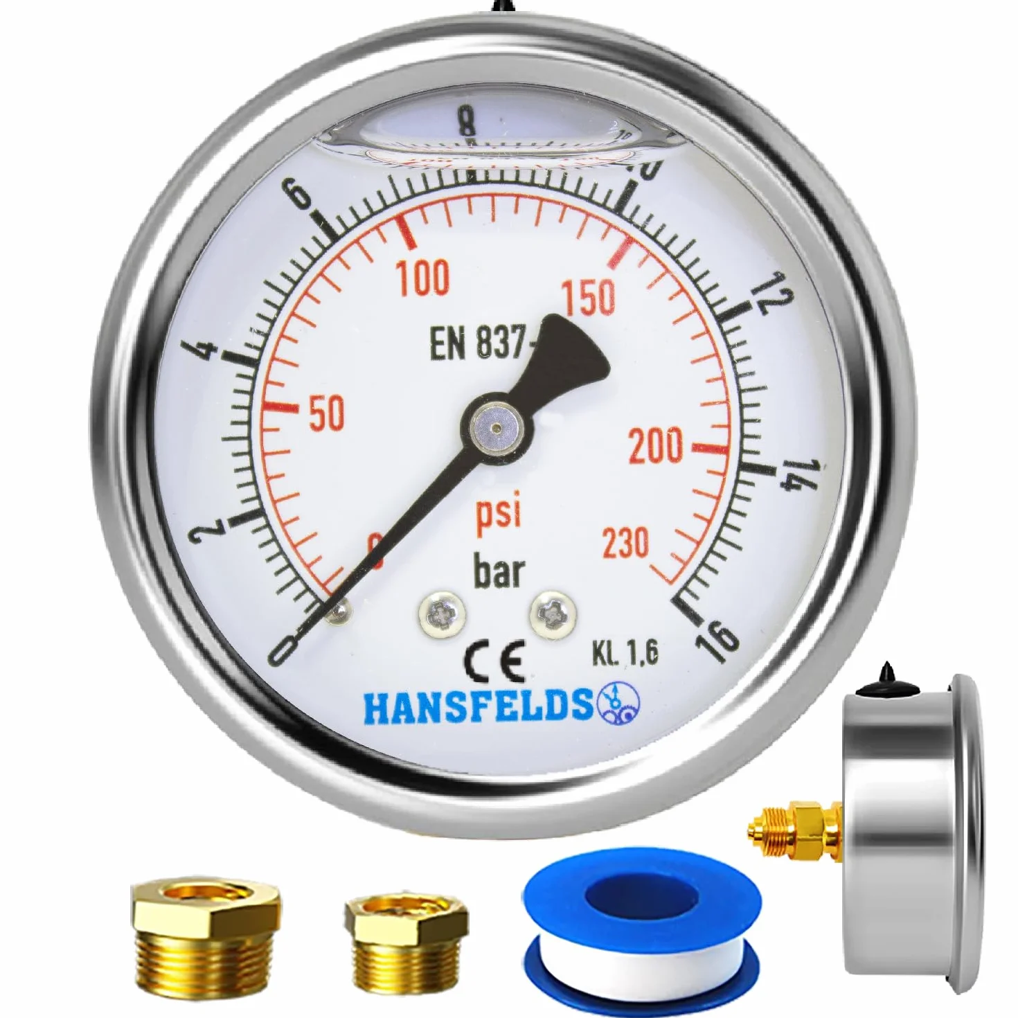 Manometr Hansfelds 0–16 bar/PSI, tarcza 63 mm, tylne przyłącze mosiężne G1/4" BSP, wypełniony cieczą (gliceryną), klasa dokładności 1.6, w zestawie 2 redukcje na 3/8" oraz 1/2".