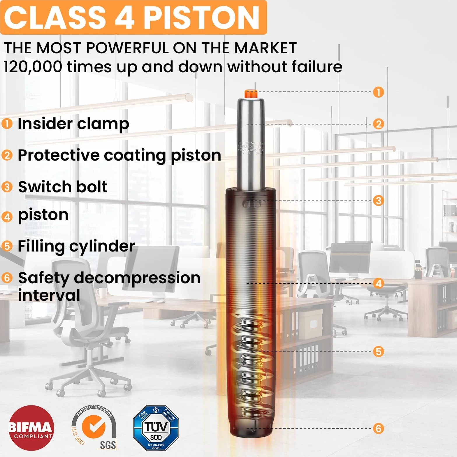 Cylinder do podnoszenia gazu krzesło biurowe klasy 4 podnośnik gazowy 450 kg amortyzator pneumatyczny 300-450 mm czarny
