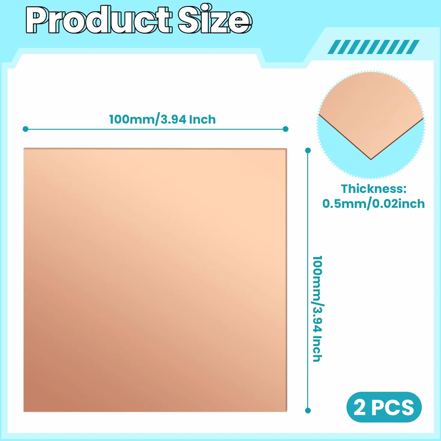 Blacha miedziana, 2 sztuki płyt miedzianych 100 × 100 × 0,5 mm, 99% czysta blacha miedziana do wyrobu metalu, produkcji biżuterii, majsterkowiczów, biżuterii i wielu innych