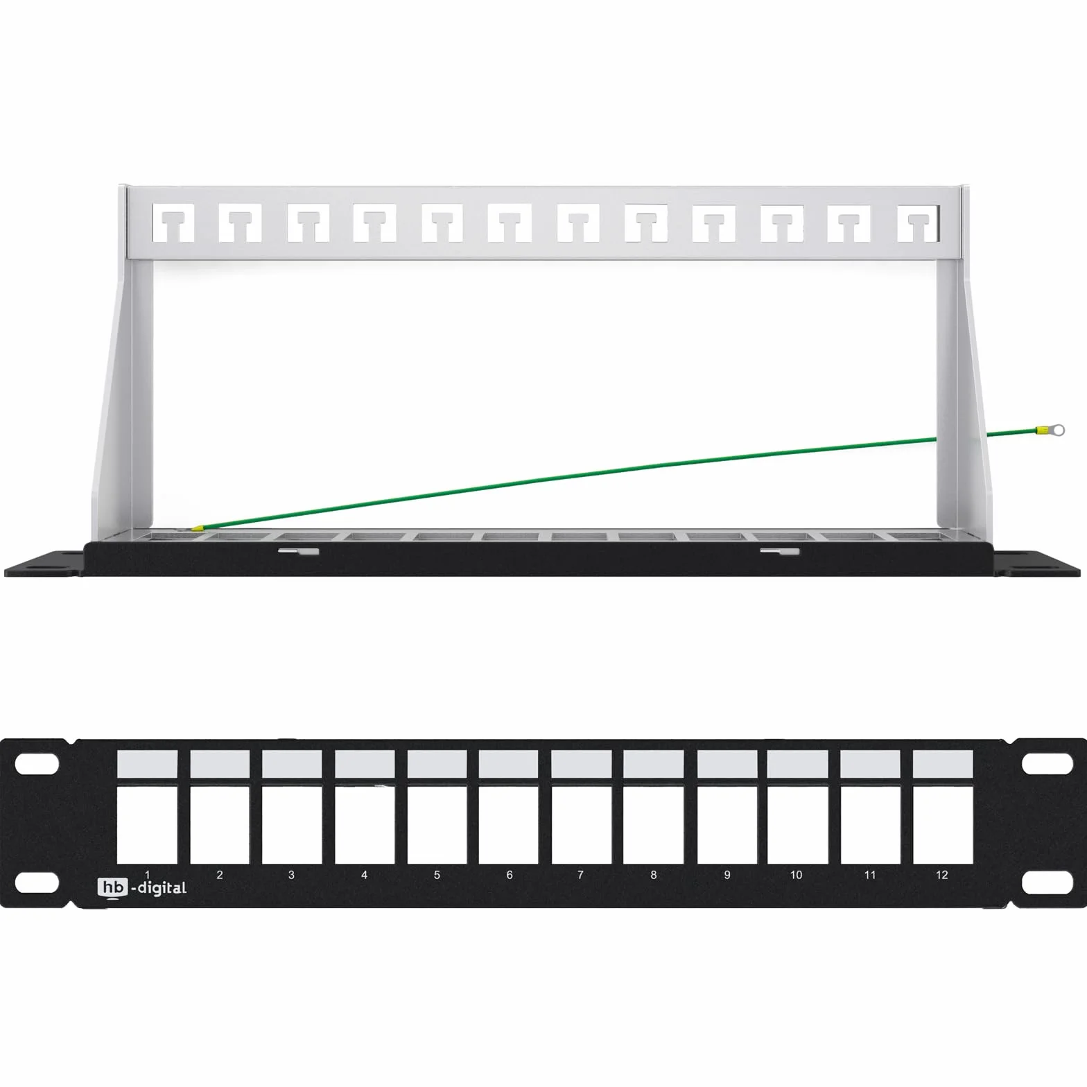 HB-DIGITAL 12-portowy panel krosowy modułowy do modułów Keystone ekranowany czarny 1HE montaż w stelażu TIA568A kabel TIA568B