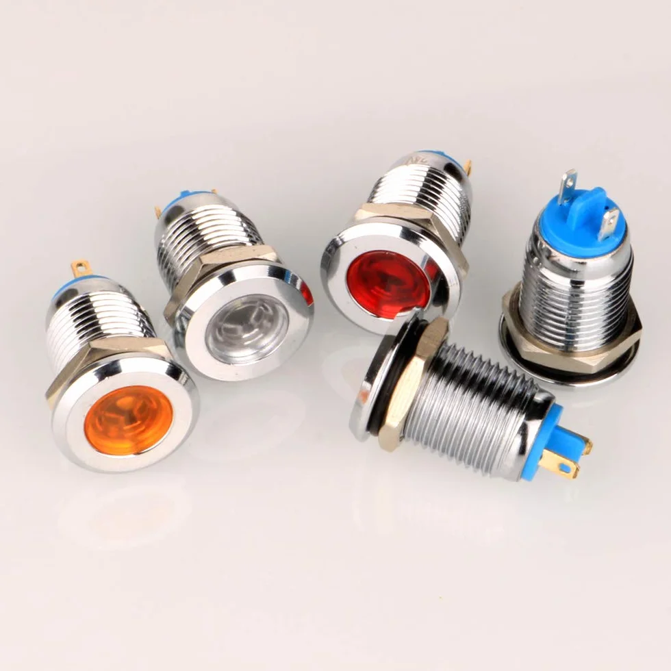 Gebildet 5 szt. 12 mm AC/DC 12-24V stal nierdzewna wodoodporna lampka kontrolna LED metalowa powłoka pilot niestandardowa lampa sygnalizacyjna do deski rozdzielczej wklęsła głowica