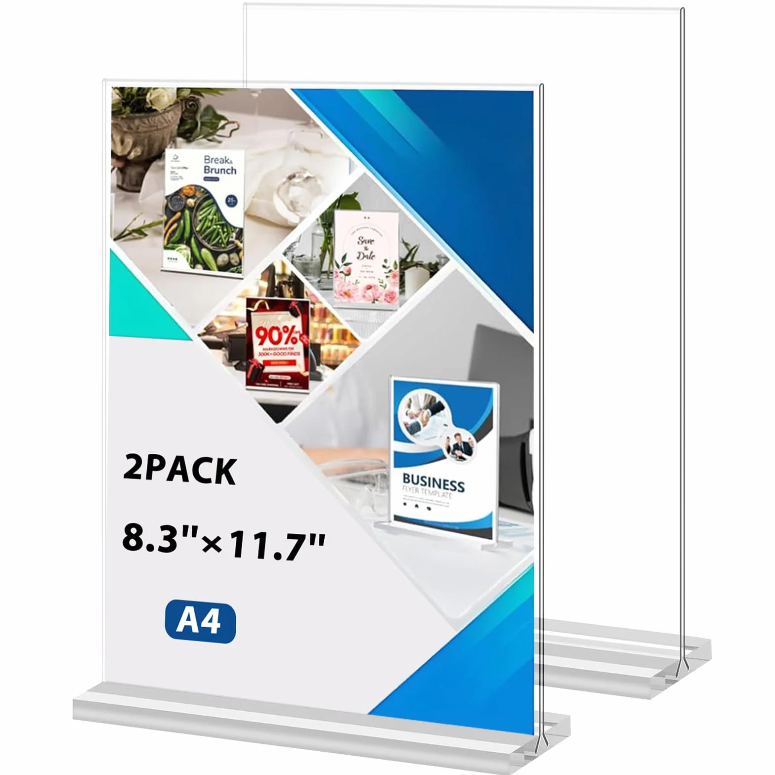 Zorplex 2 Akrylowe Ekspozytory Stołowe A4 w Kształcie T, Przezroczysty Stojak Dwustronny do Menu, Broszur, Ogłoszeń i Zdjęć (21 x 29,7 cm) (A4- 2 Sztuk)