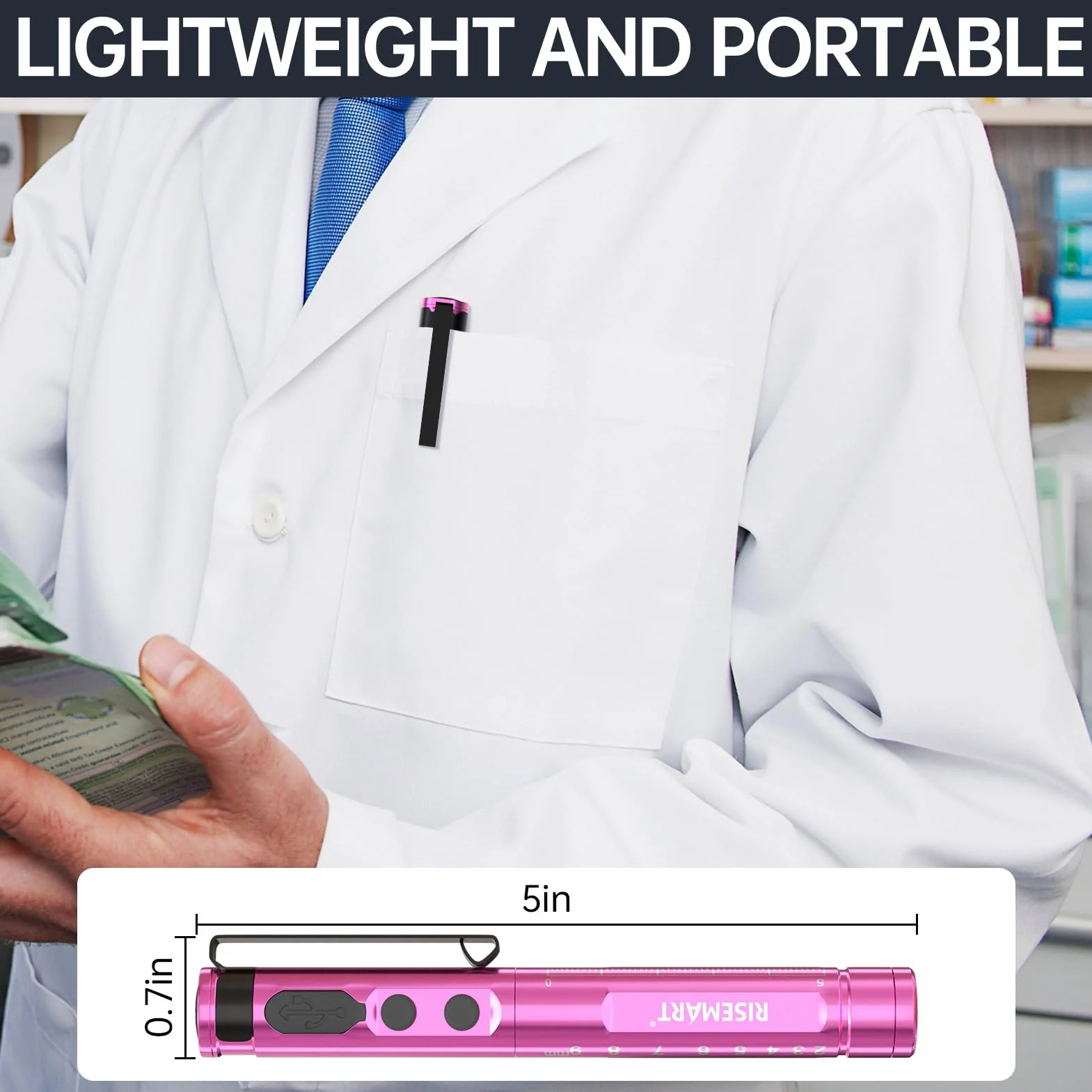 Lampa diagnostyczna, medyczna, z możliwością ponownego ładowania, z kablem USB, ciepła / zimna biel i bezstopniowe ściemnianie, przenośna, aluminiowa, medyczna lampa źrenicy z klipsem (różowa)