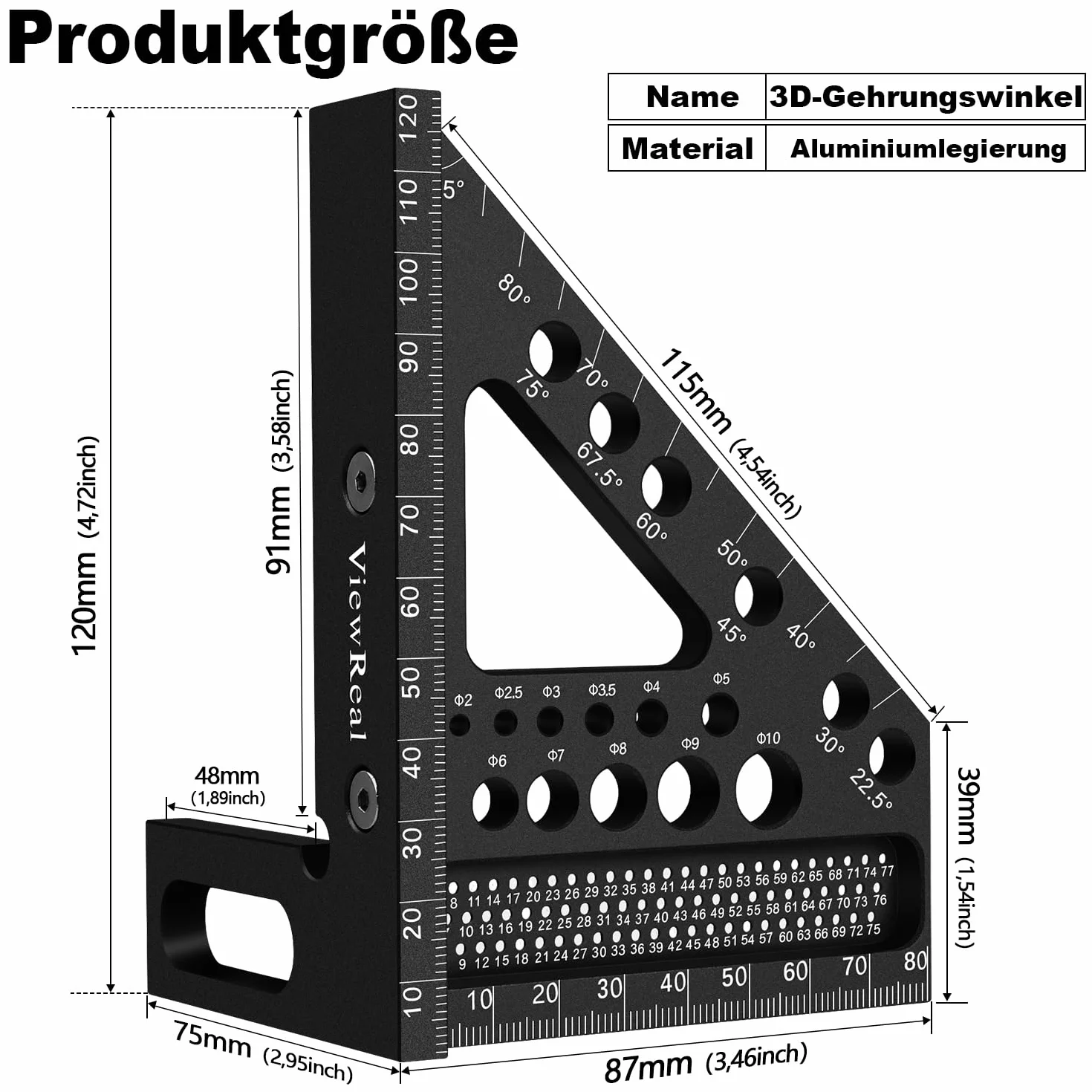 Wielofunkcyjny kątownik 3D, 22,5-90 stopni, stop aluminium, bardzo precyzyjne narzędzie pomiarowe do obróbki drewna, narzędzie pomiarowe dla stolarzy, inżynierów, kolor czarny