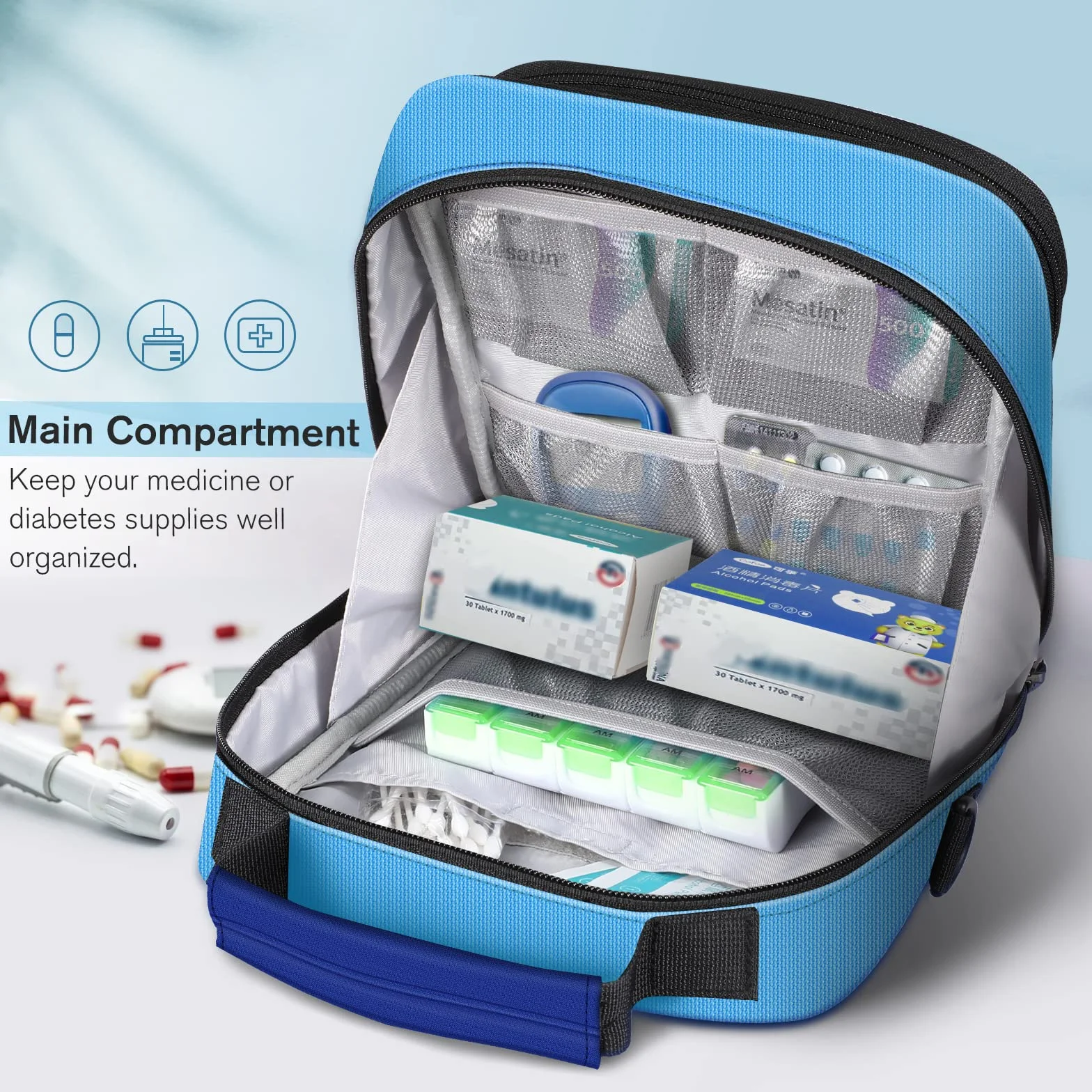 MEDMAX Torba na leki, torba chłodząca na insulinę, torba ratunkowa o dużej pojemności na akcesoria dla diabetyków, do EpiPen, inhalator na astmę, niezbędnik medycyny alergicznej (Niebieski)