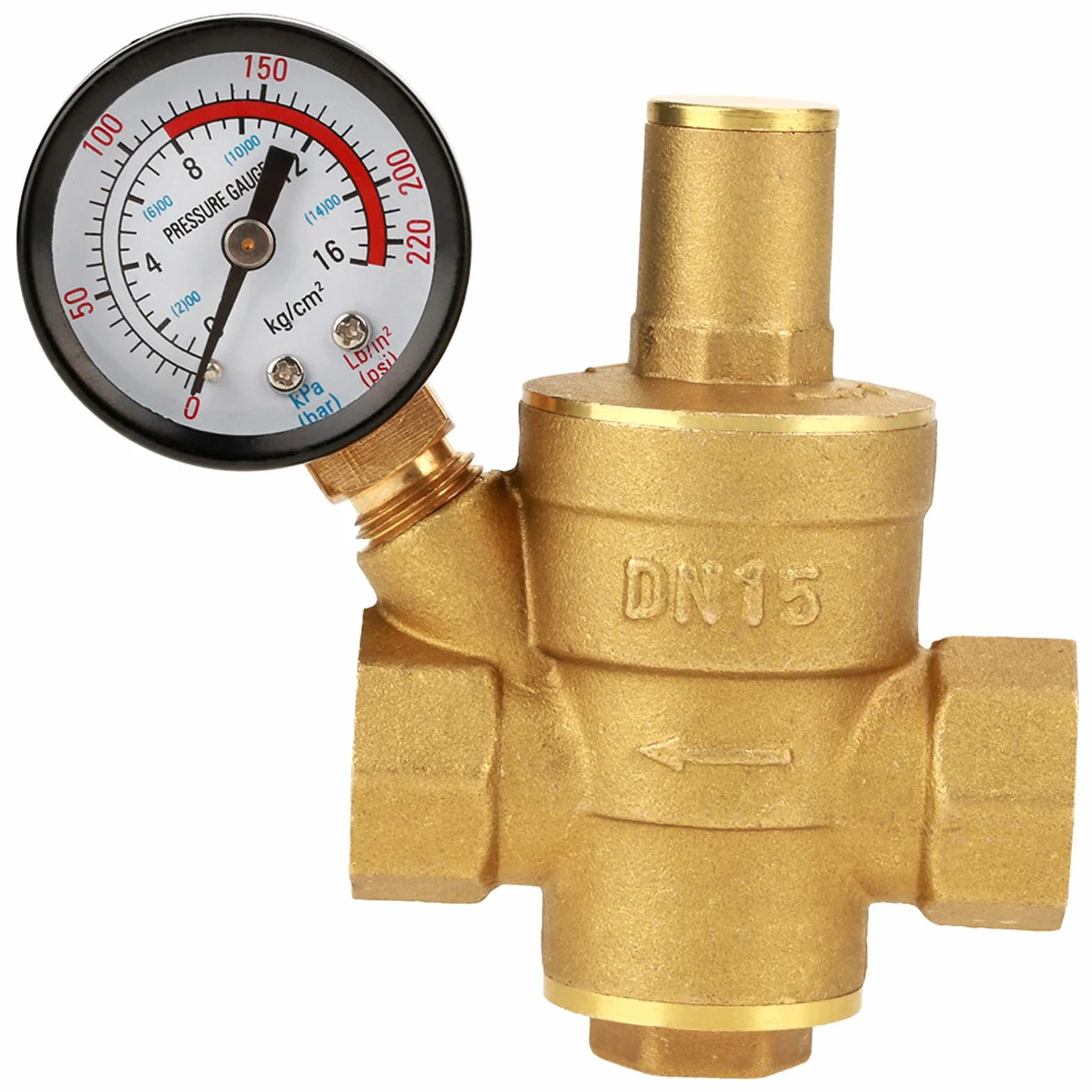lyrlody Regulator ciśnienia wody z mosiądzu, DN15, regulowany, z manometrem, gwint G, struktura tłokowa, 1,6 MPa, 6,2 x 9 cm