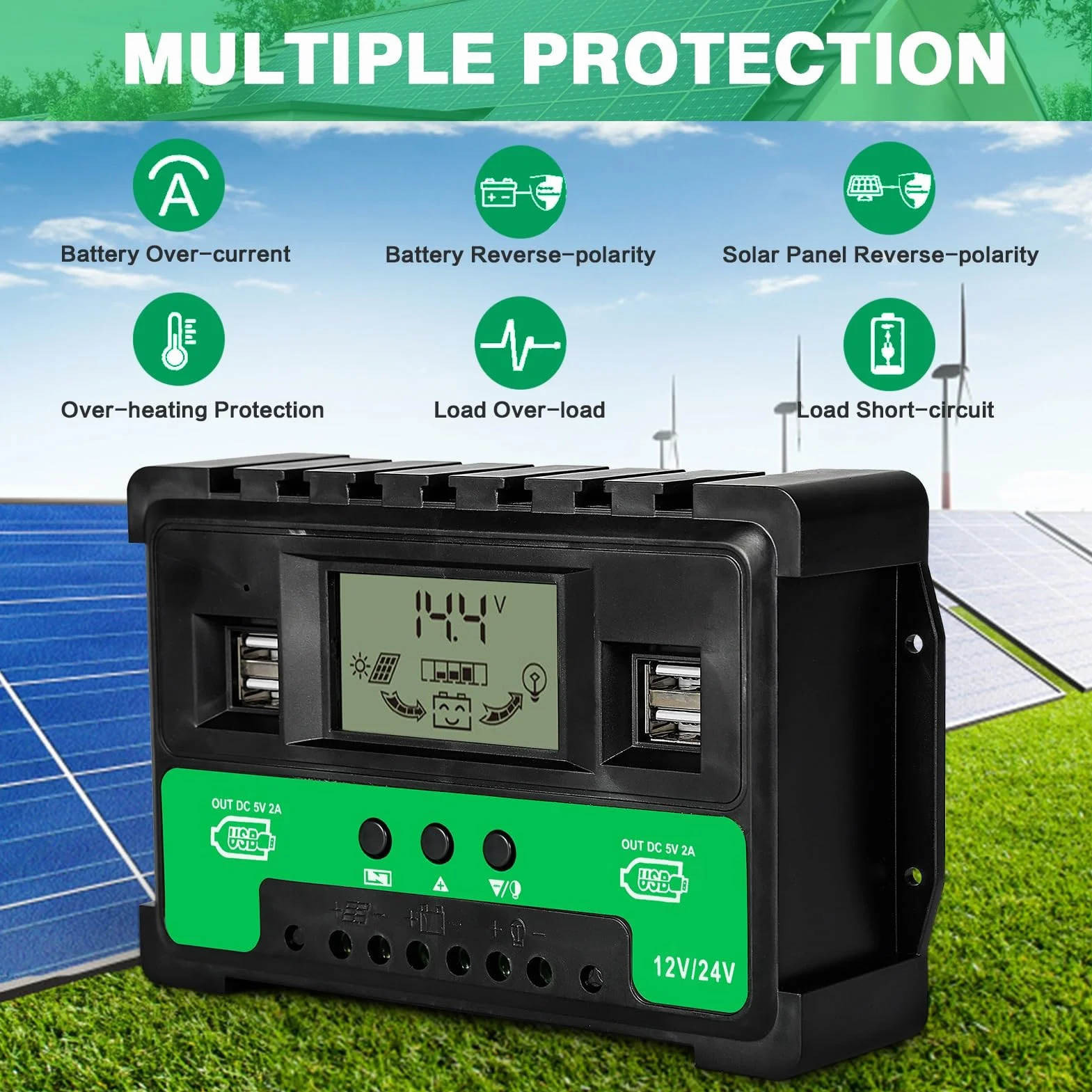 BuyWeek Solarny Regulator ładowania 60 A, 12 V/24 V, MPPT, 4 USB, wyświetlaczem LCD