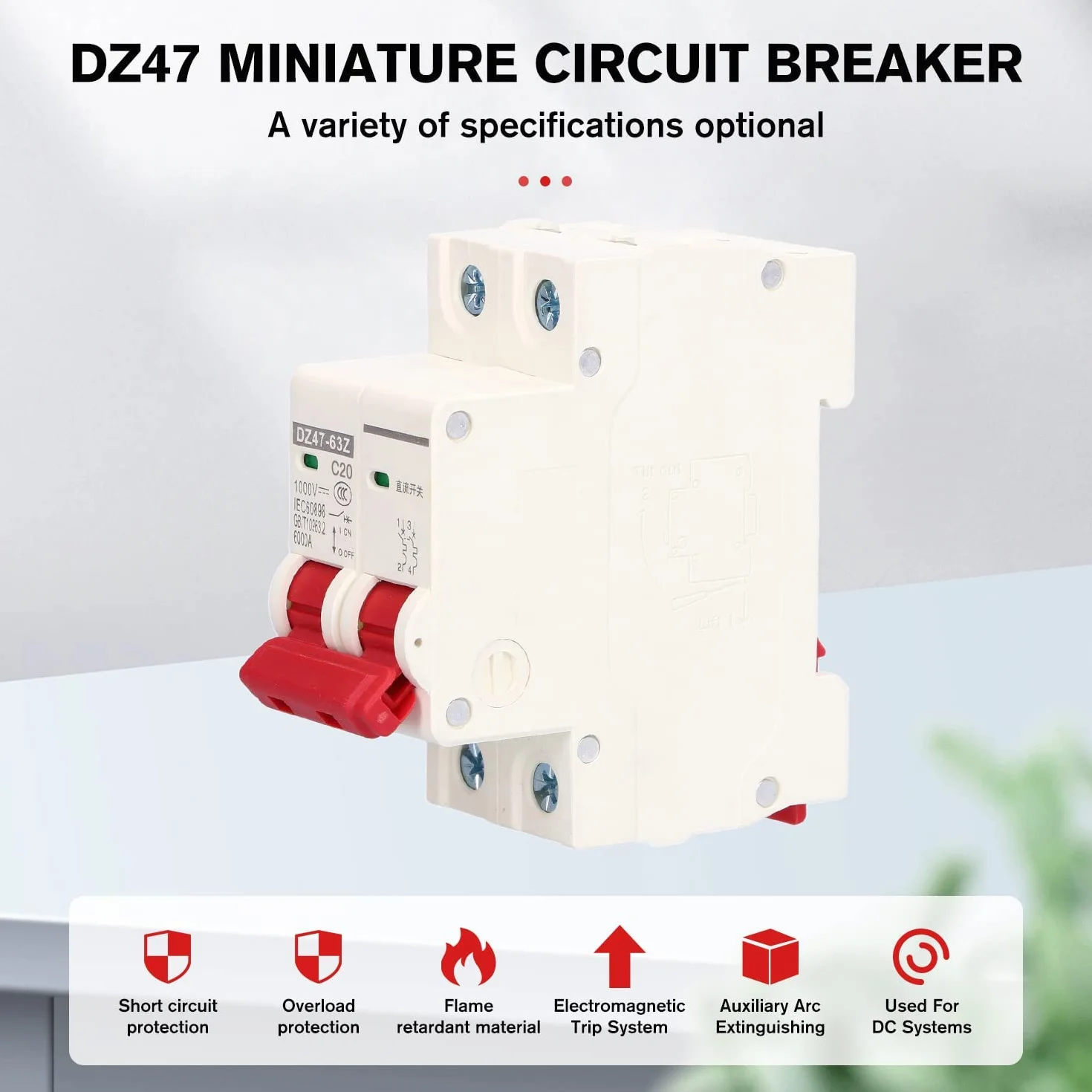 Wyłącznik ochrony linii DC, Rozłącznik DC DZ47-63Z-2P 1000V 40A do systemów fotowoltaicznych, Wyzwalanie termiczno-magnetyczne, Montaż na szynie DIN 35 mm, Wyłącznik PV, Rozłącznik instalacji solarnej