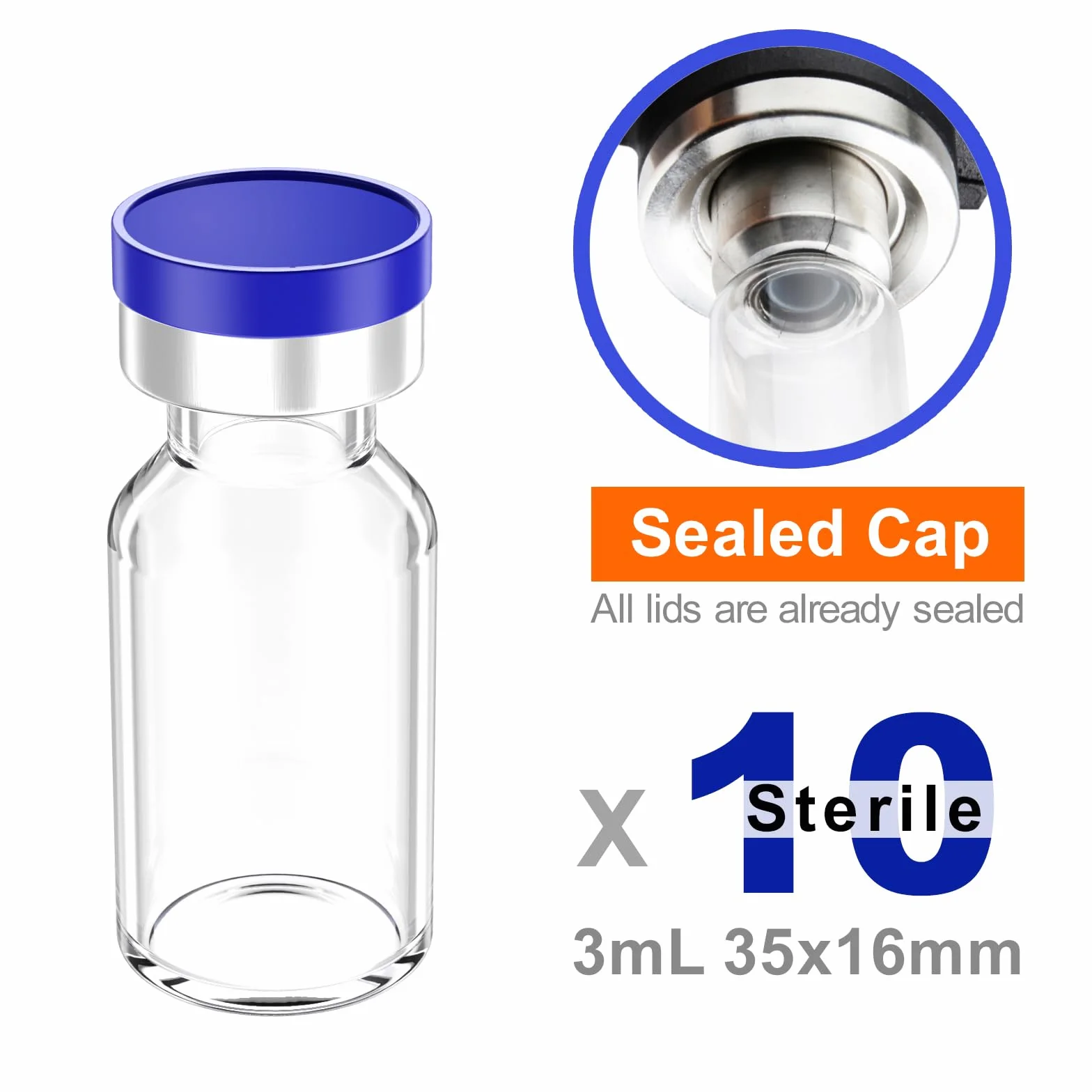 Sterylne fiolki puste 3 ml przezroczyste z portem wtryskowym i nasadką aluminiową plastikową 10 szt.