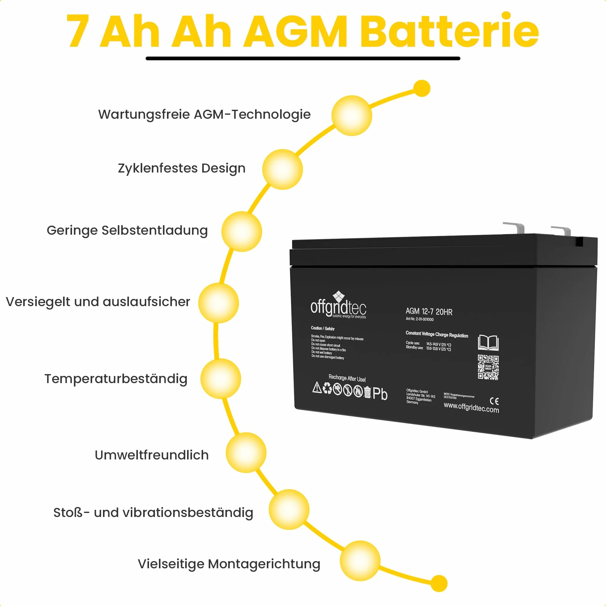 Offgridtec® Akumulator ołowiowy AGM 7 Ah 12 V, odporny na cykle UV, zamiennik akumulatora VRLA