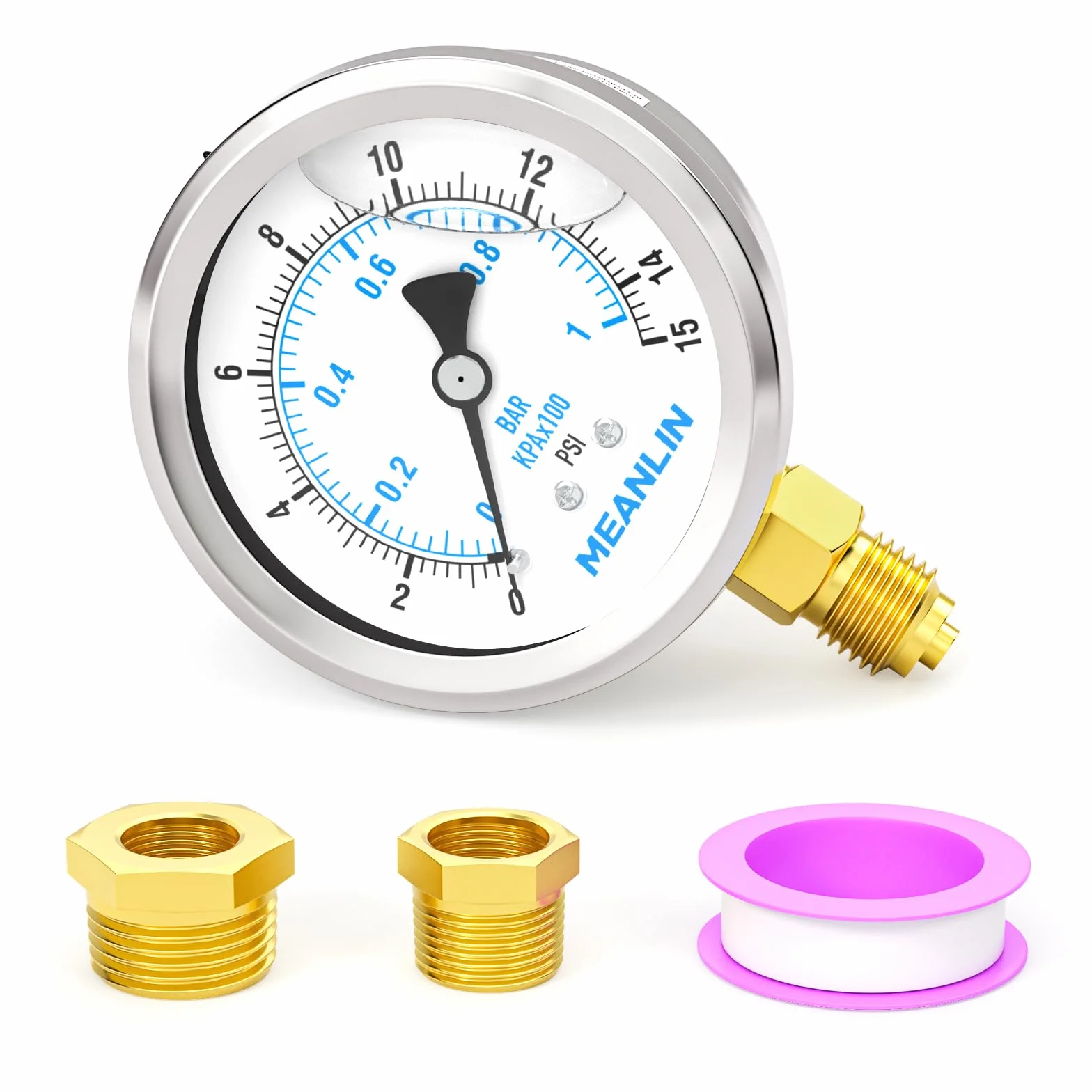MEANLIN MEASURE 0~1BAR/15PSI Manometr wypełniony cieczą,Stal nierdzewna 1/4" BSP 2.5"DIAL,WOG Woda Olej Powietrza Dolny uchwyt, z 1/4" x 1/2"BSP i 1/4" x 3/8"BSP Piasta sześciokątna